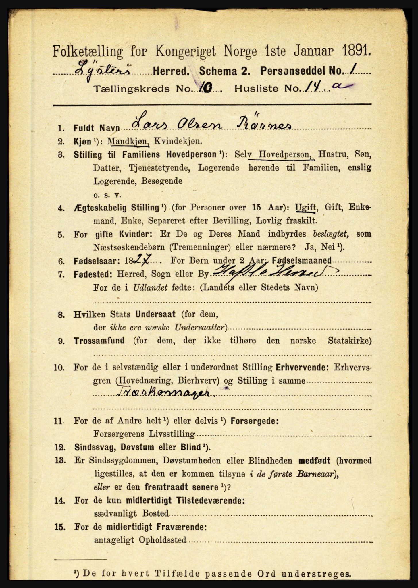 RA, 1891 census for 1426 Luster, 1891, p. 3177