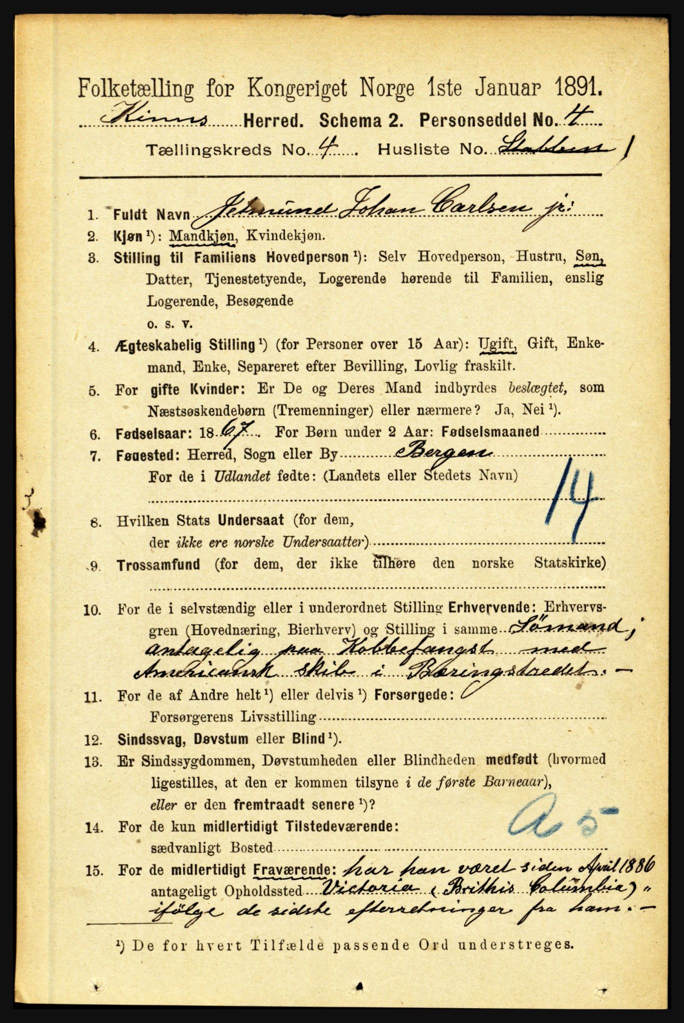 RA, 1891 census for 1437 Kinn, 1891, p. 1331