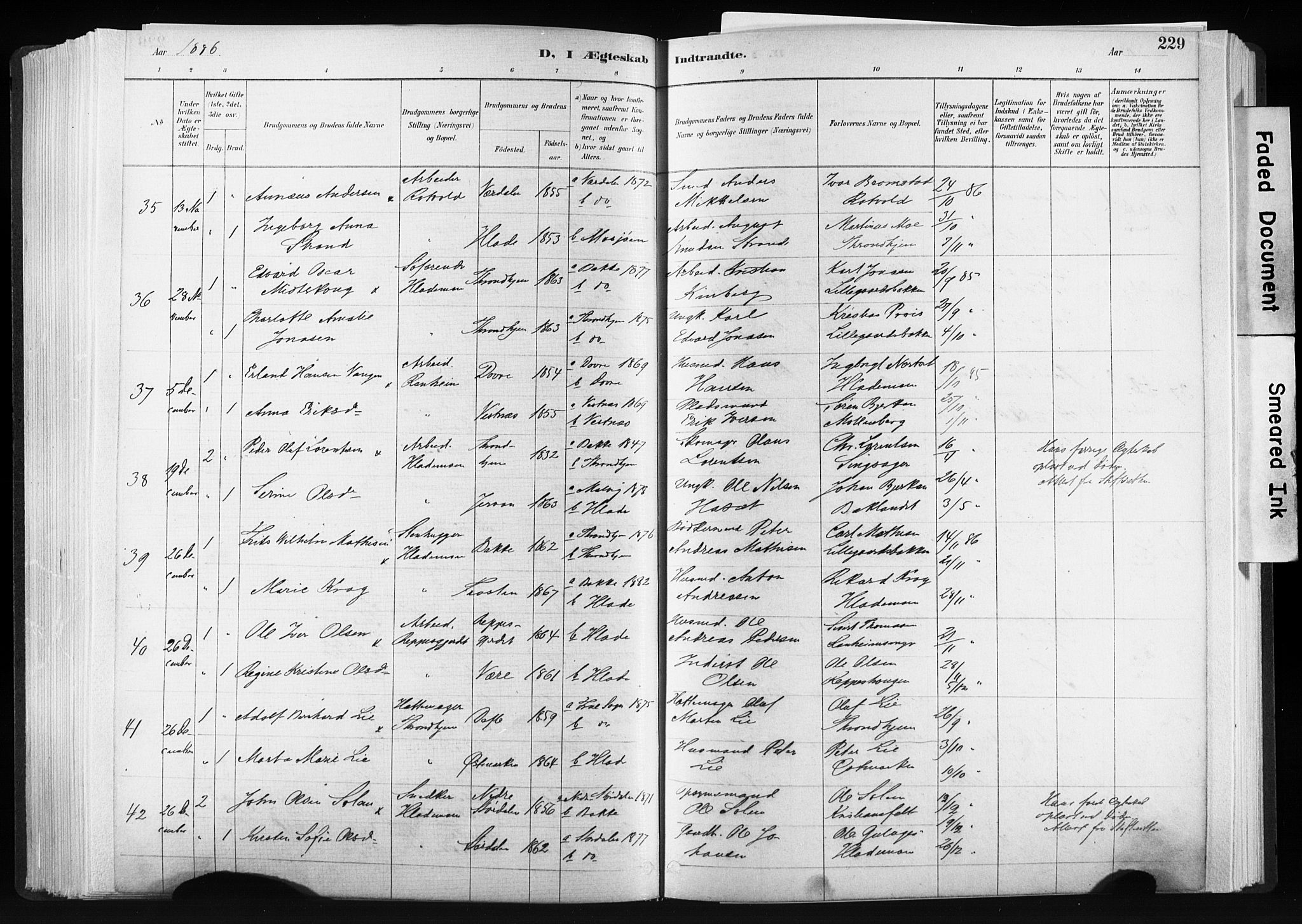 Ministerialprotokoller, klokkerbøker og fødselsregistre - Sør-Trøndelag, SAT/A-1456/606/L0300: Parish register (official) no. 606A15, 1886-1893, p. 229