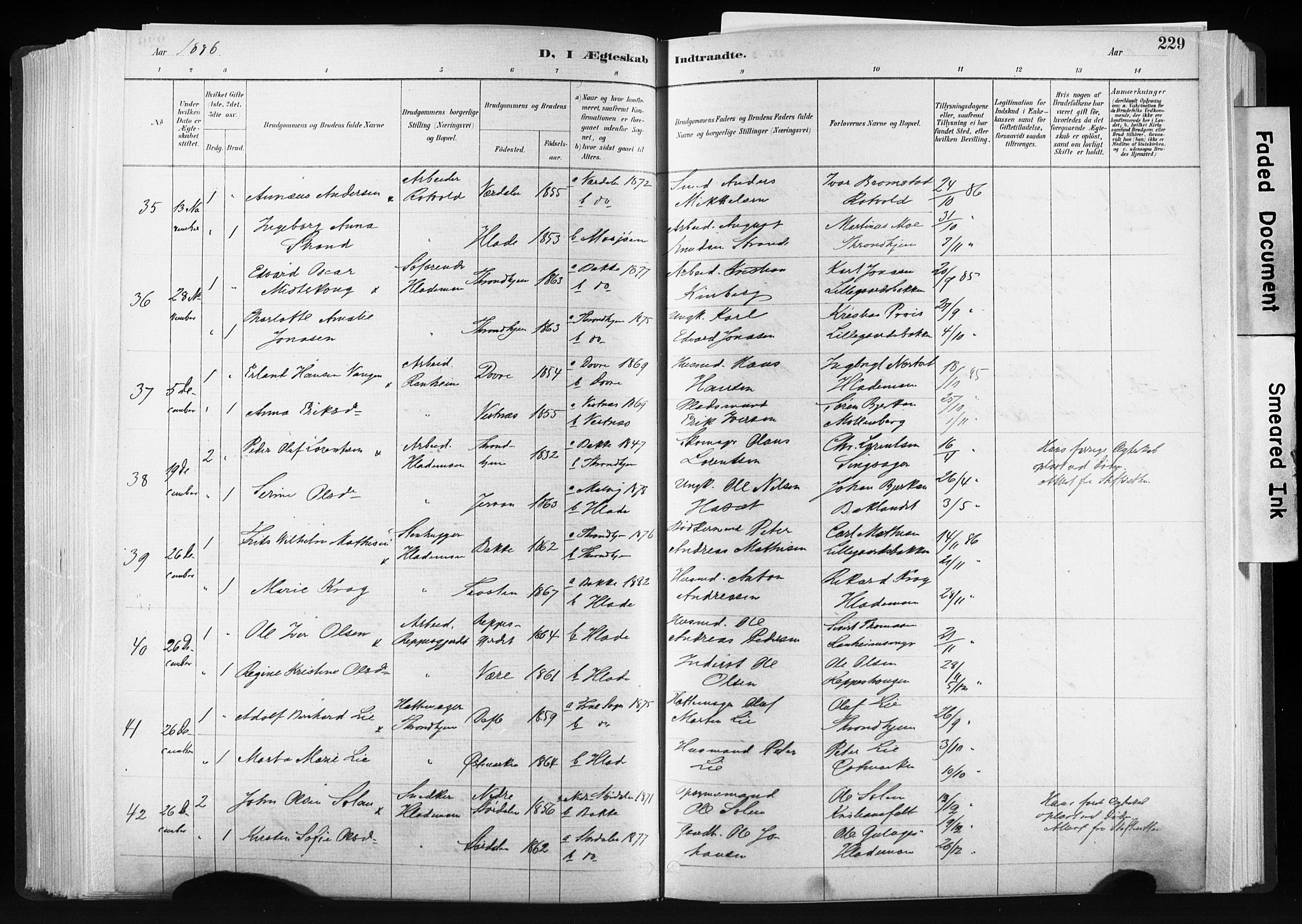 Ministerialprotokoller, klokkerbøker og fødselsregistre - Sør-Trøndelag, AV/SAT-A-1456/606/L0300: Parish register (official) no. 606A15, 1886-1893, p. 229