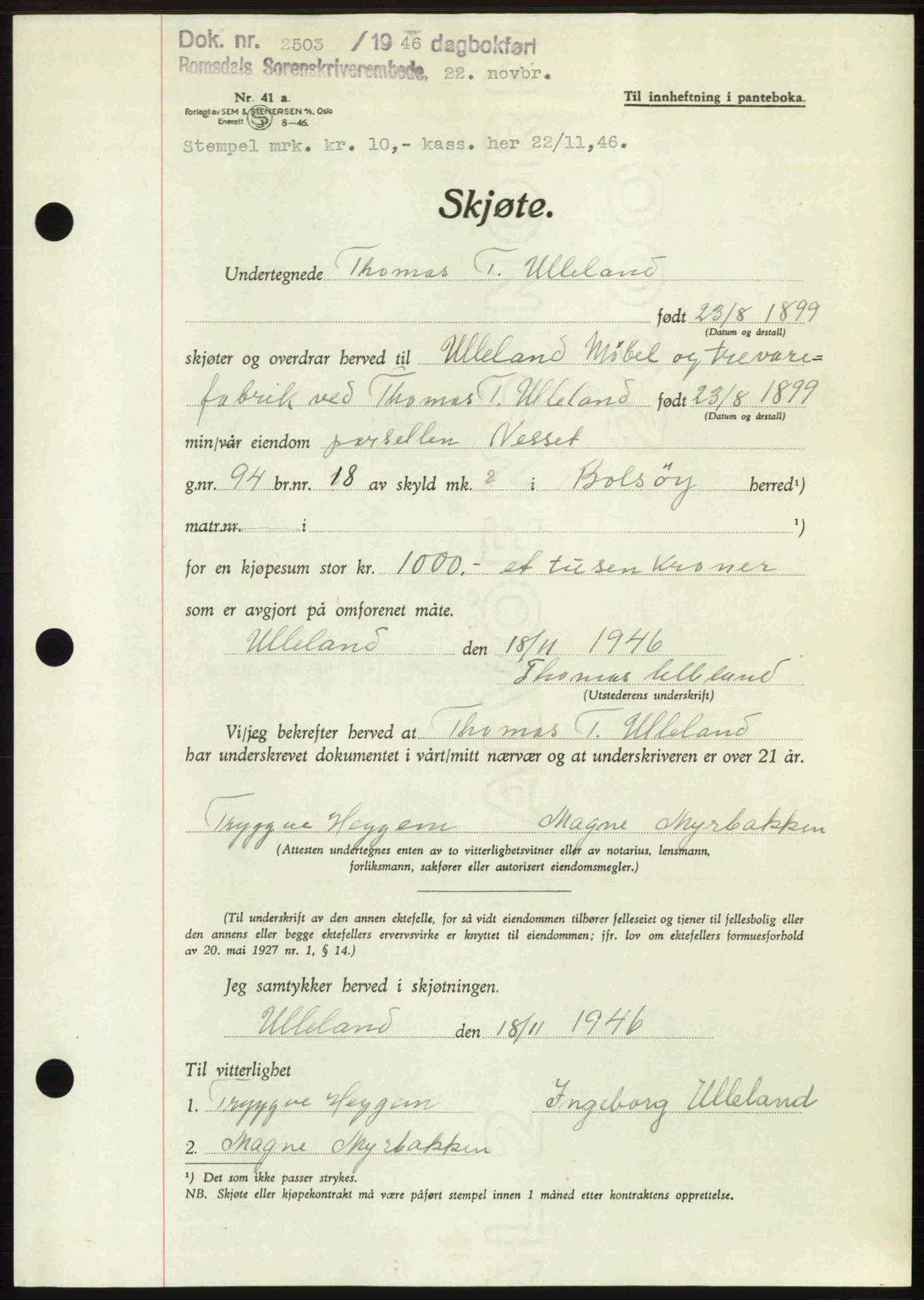 Romsdal sorenskriveri, AV/SAT-A-4149/1/2/2C: Mortgage book no. A21, 1946-1946, Diary no: : 2503/1946