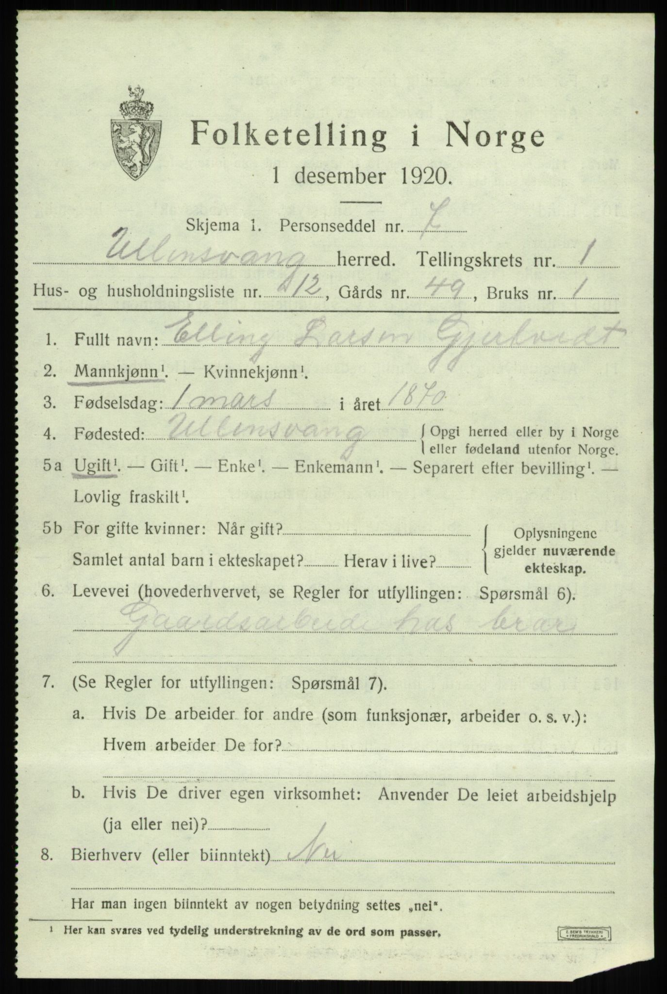 SAB, 1920 census for Ullensvang, 1920, p. 910