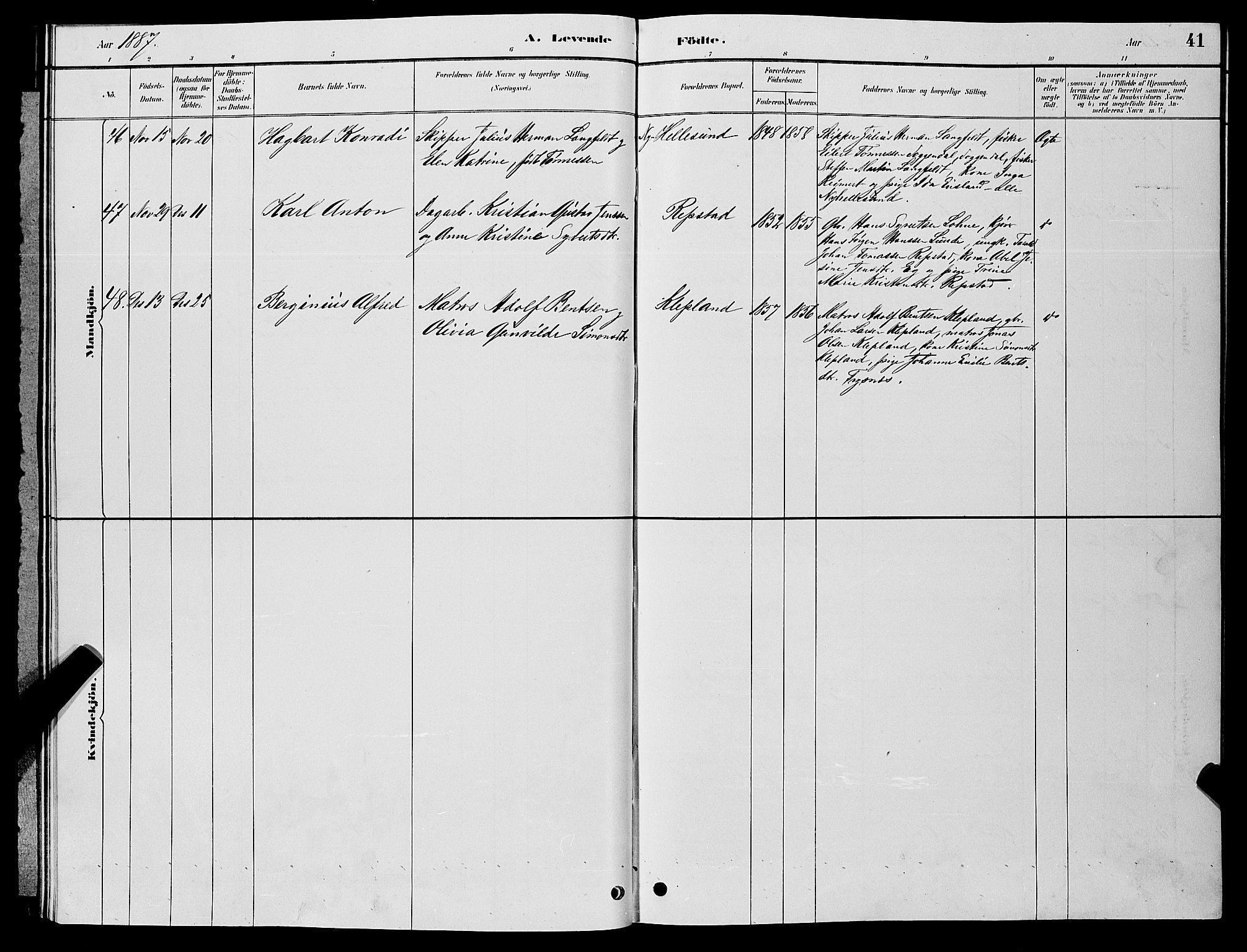 Søgne sokneprestkontor, SAK/1111-0037/F/Fb/Fbb/L0005: Parish register (copy) no. B 5, 1884-1891, p. 41