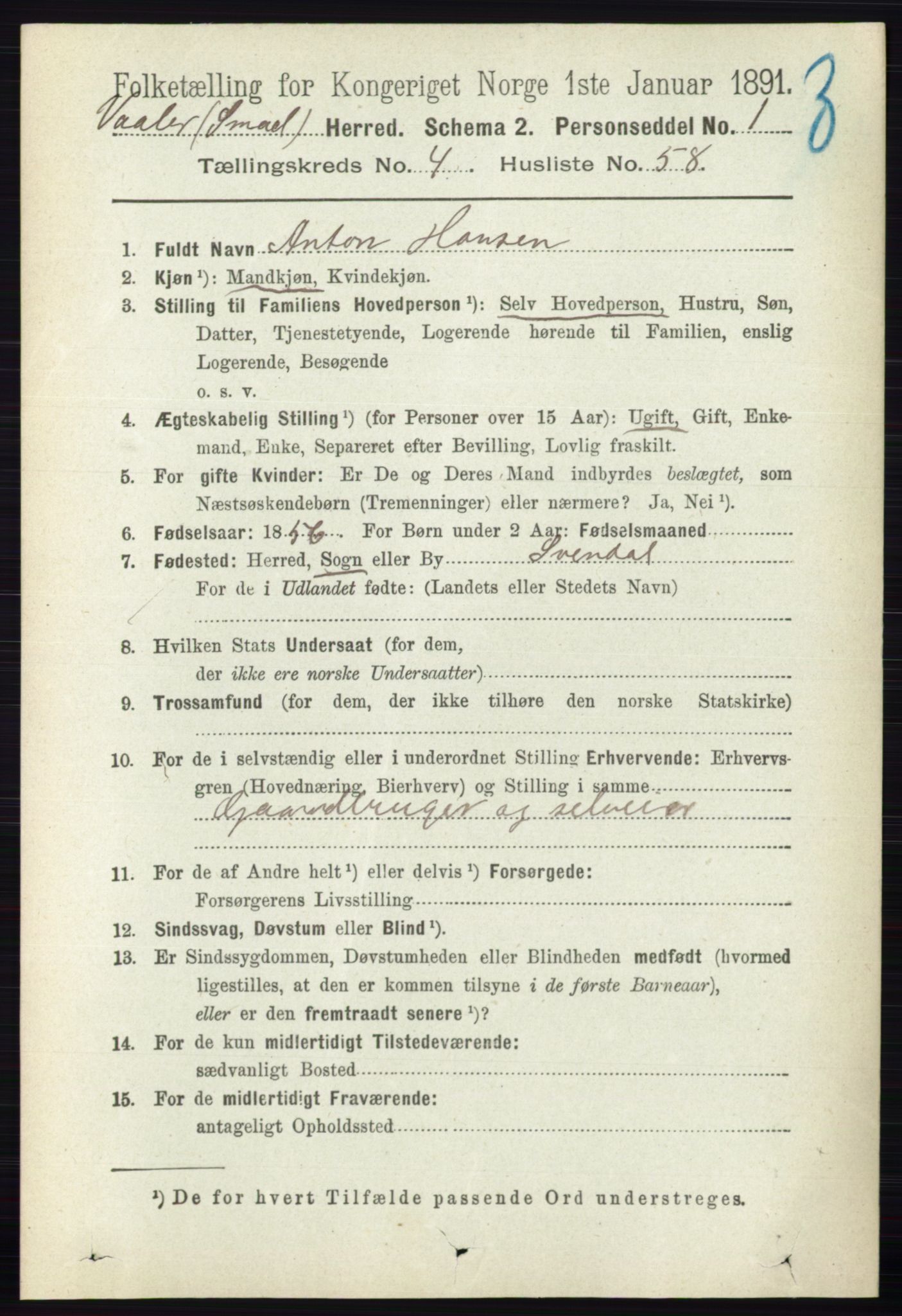 RA, 1891 census for 0137 Våler, 1891, p. 1922