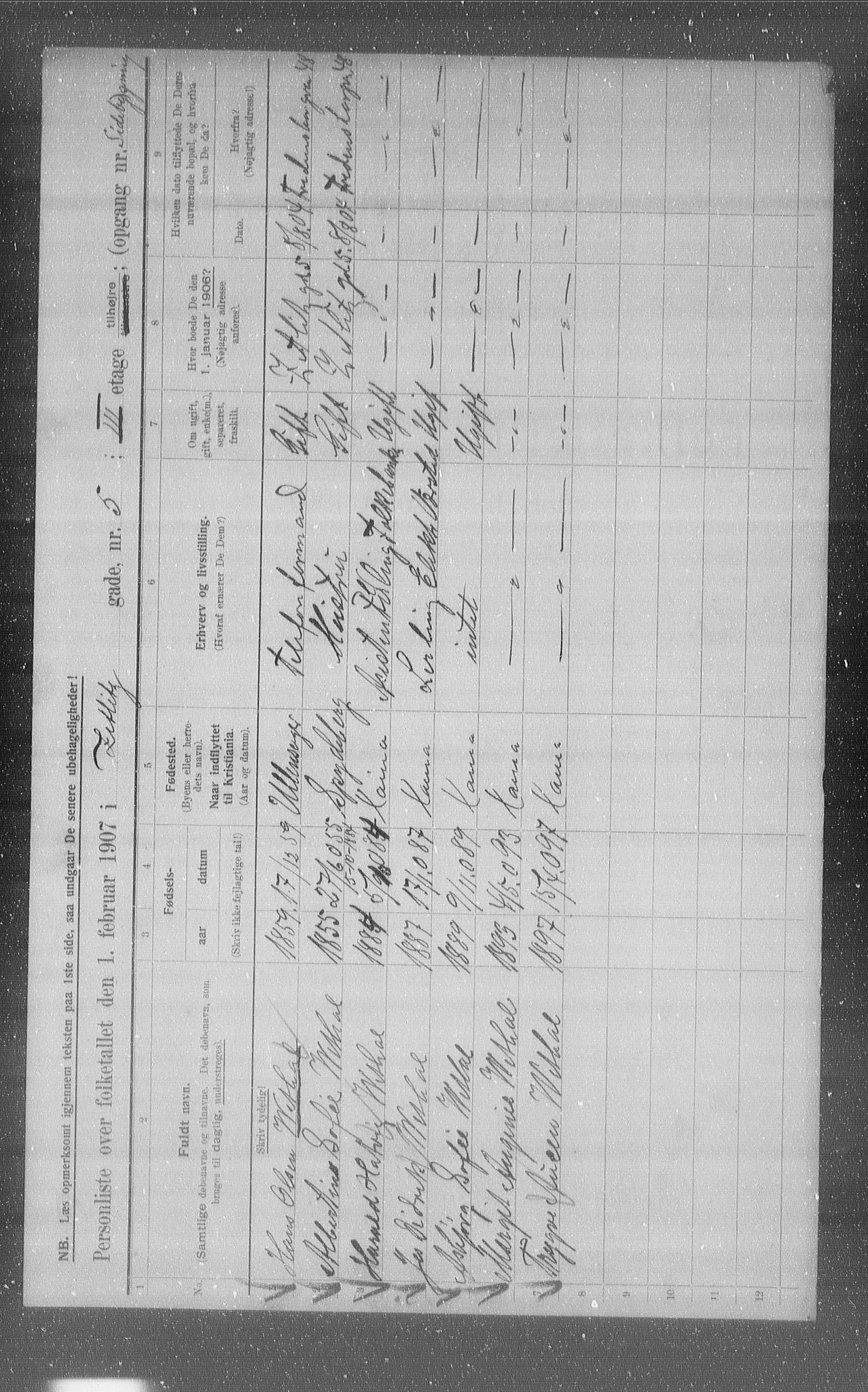 OBA, Municipal Census 1907 for Kristiania, 1907, p. 65437