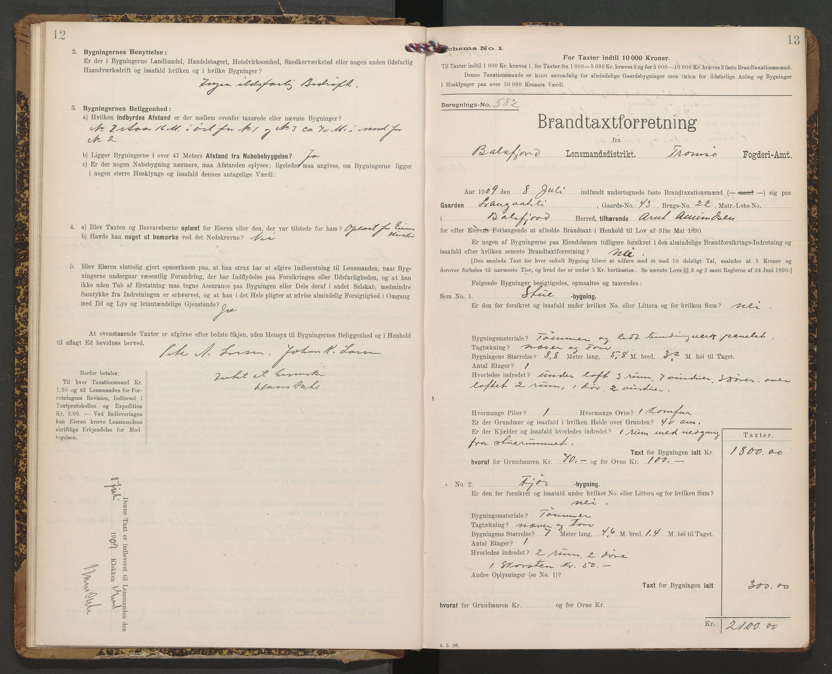 Lensmannen i Balsfjord, AV/SATØ-S-0085/Hf/Hfb/L0175: Branntakstprotokoller 1873-1962. Med register, 1909-1912