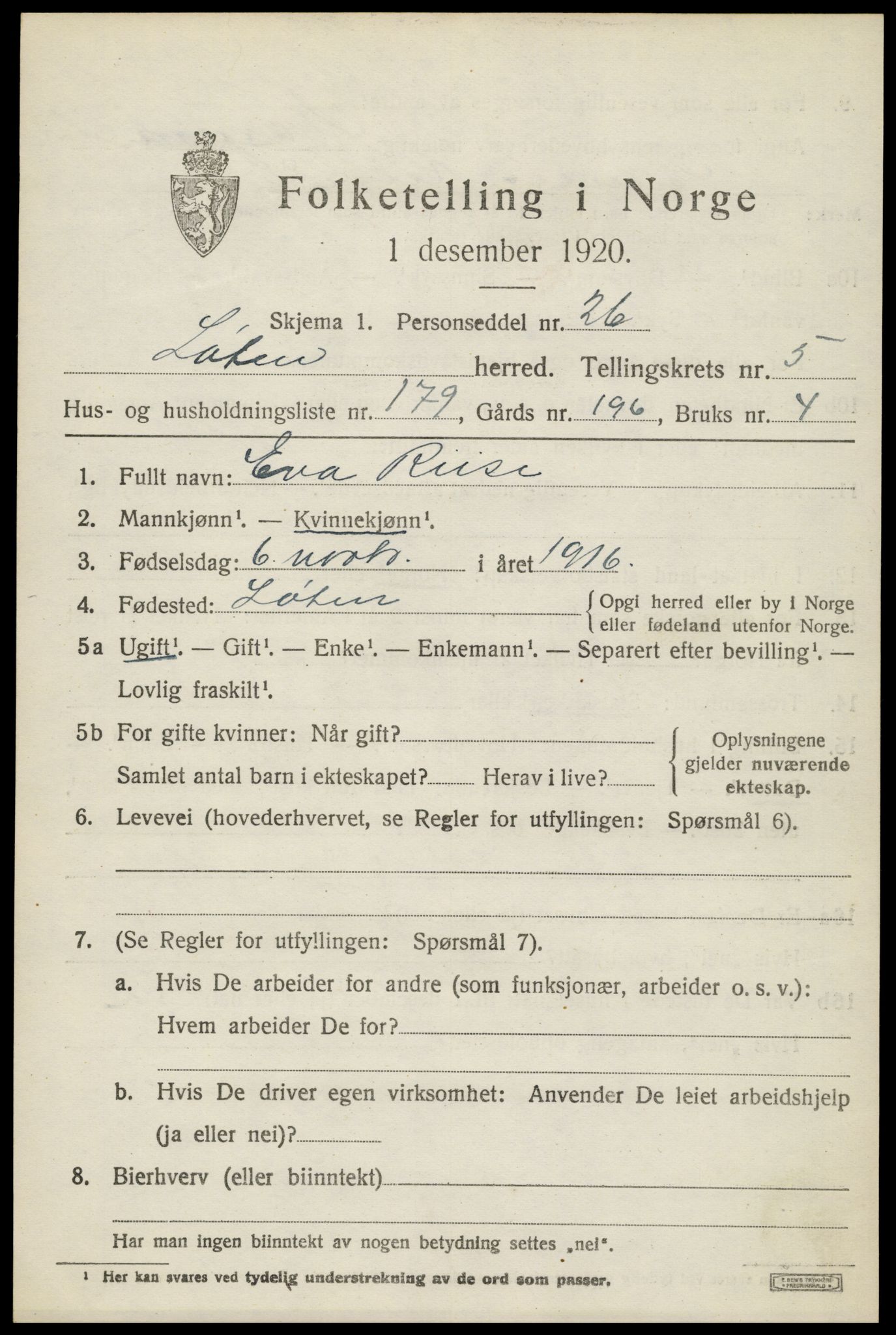 SAH, 1920 census for Løten, 1920, p. 11853