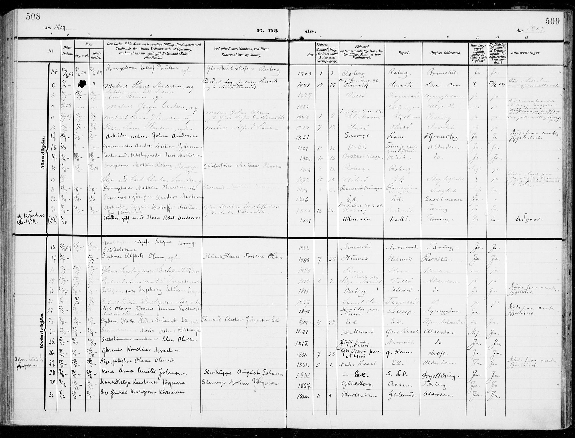 Sem kirkebøker, SAKO/A-5/F/Fb/L0006: Parish register (official) no. II 6, 1905-1918, p. 508-509