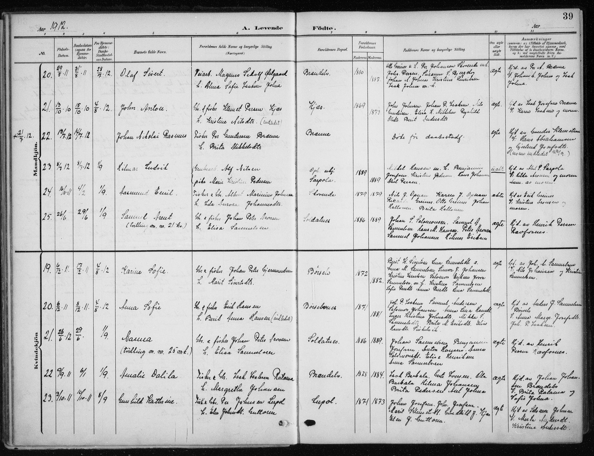 Kistrand/Porsanger sokneprestembete, AV/SATØ-S-1351/H/Ha/L0014.kirke: Parish register (official) no. 14, 1908-1917, p. 39