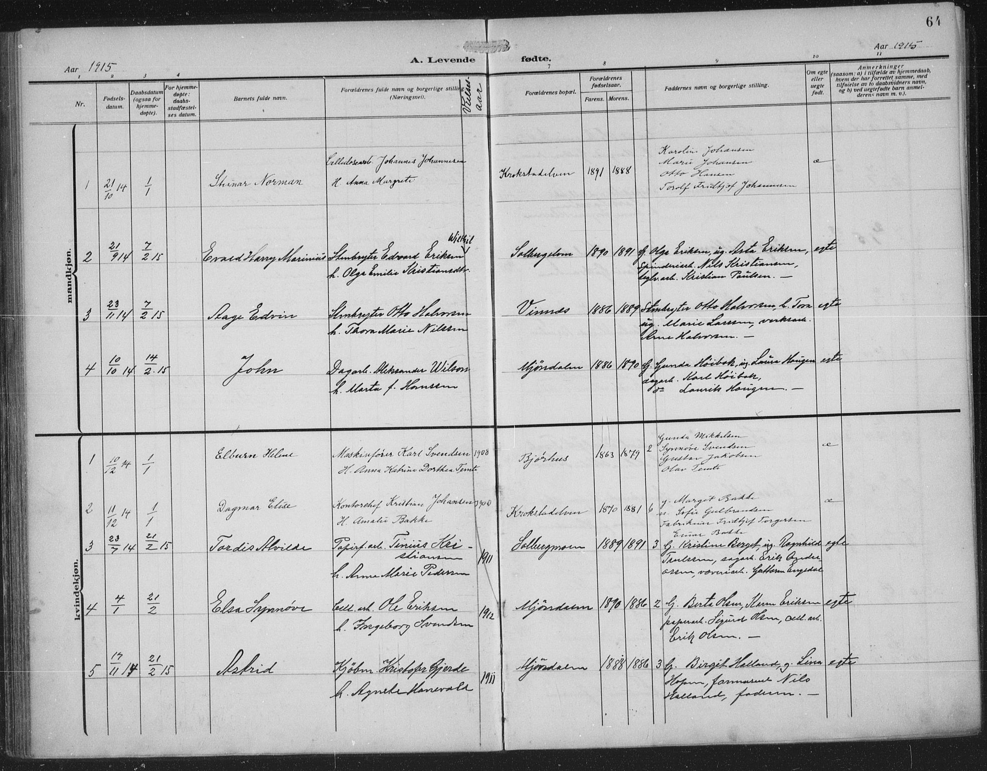 Nedre Eiker kirkebøker, AV/SAKO-A-612/F/Fa/L0007: Parish register (official) no. 7, 1912-1918, p. 64