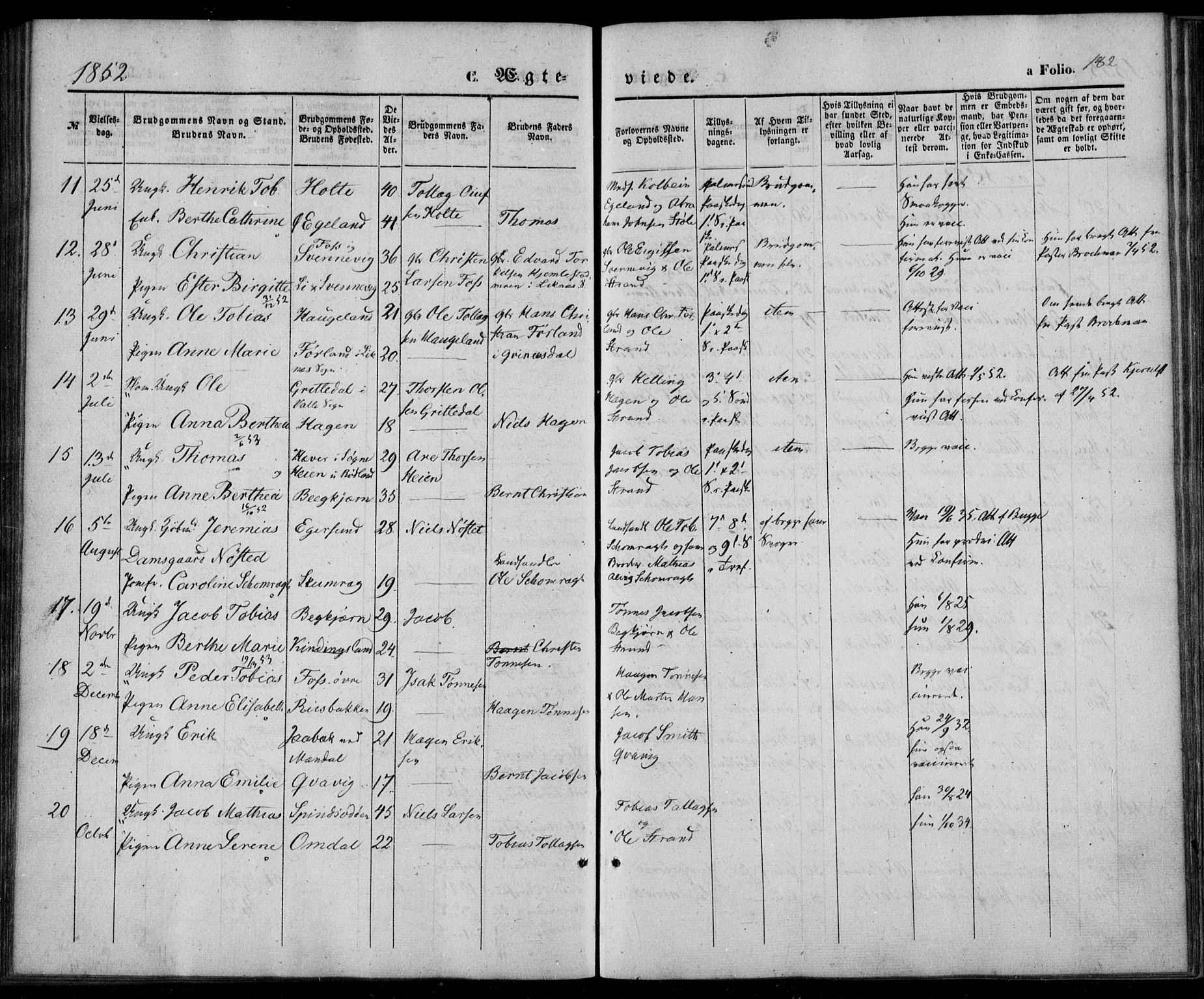 Lyngdal sokneprestkontor, SAK/1111-0029/F/Fa/Fac/L0009: Parish register (official) no. A 9, 1852-1864, p. 182