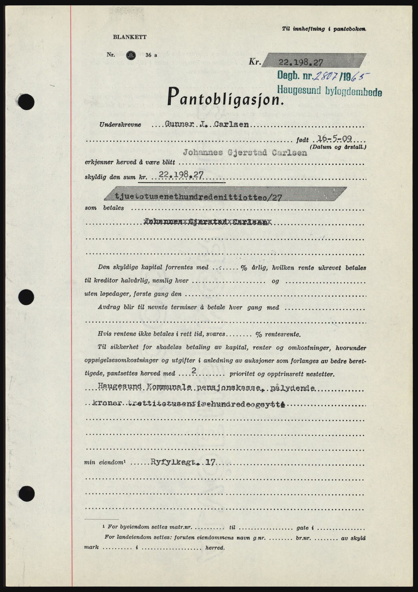 Haugesund tingrett, AV/SAST-A-101415/01/II/IIC/L0054: Mortgage book no. B 54, 1965-1966, Diary no: : 2807/1965