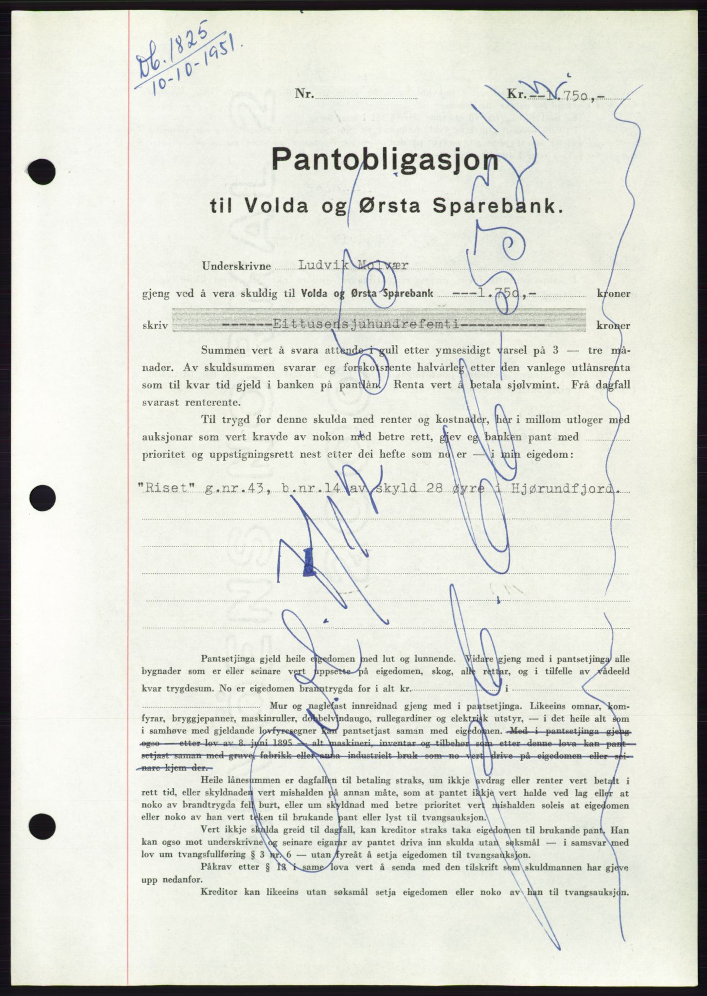 Søre Sunnmøre sorenskriveri, AV/SAT-A-4122/1/2/2C/L0120: Mortgage book no. 8B, 1951-1951, Diary no: : 1825/1951