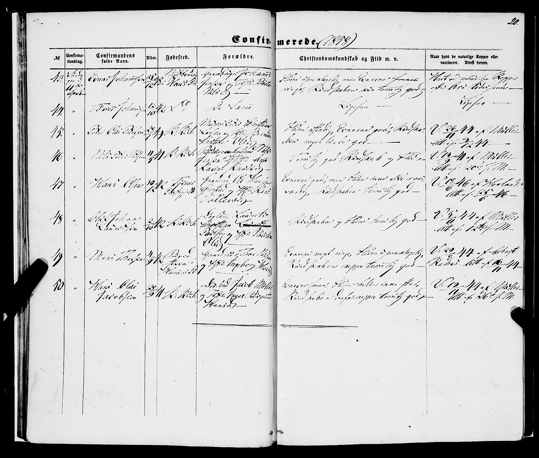 Korskirken sokneprestembete, AV/SAB-A-76101/H/Haa/L0069: Curate's parish register no. A 4, 1856-1869, p. 20