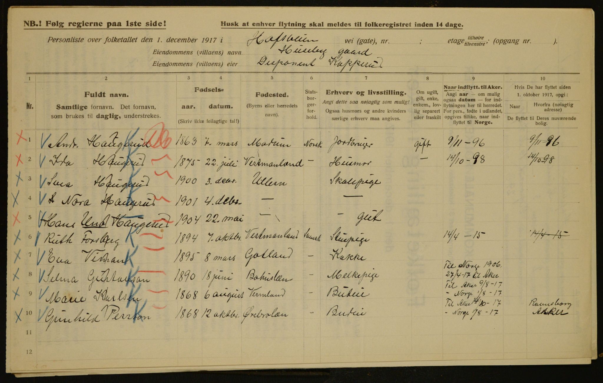 OBA, Municipal Census 1917 for Aker, 1917, p. 4294