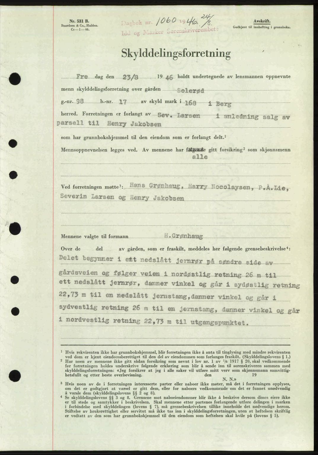 Idd og Marker sorenskriveri, AV/SAO-A-10283/G/Gb/Gbb/L0008: Mortgage book no. A8, 1946-1946, Diary no: : 1060/1946