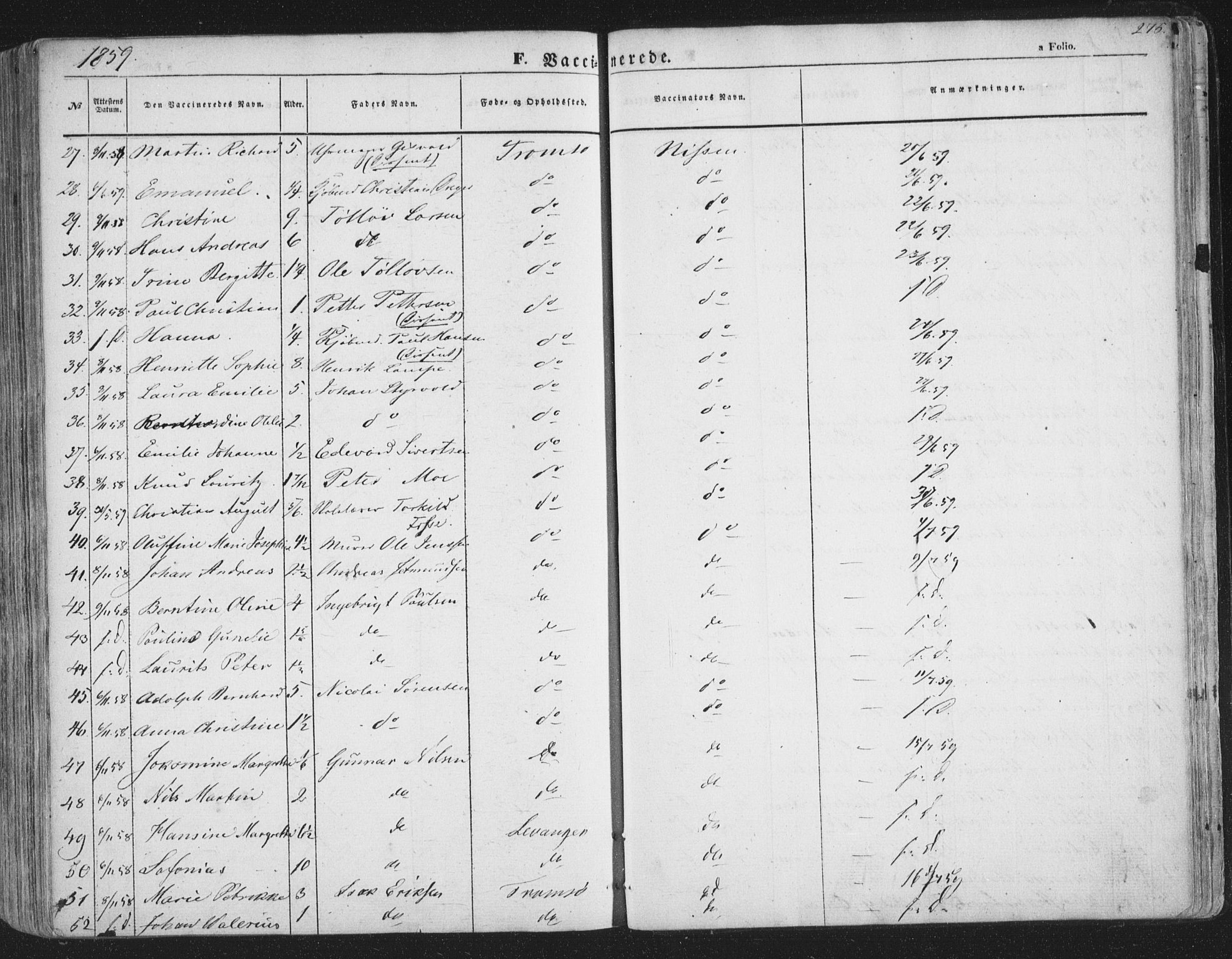 Tromsø sokneprestkontor/stiftsprosti/domprosti, AV/SATØ-S-1343/G/Ga/L0011kirke: Parish register (official) no. 11, 1856-1865, p. 275