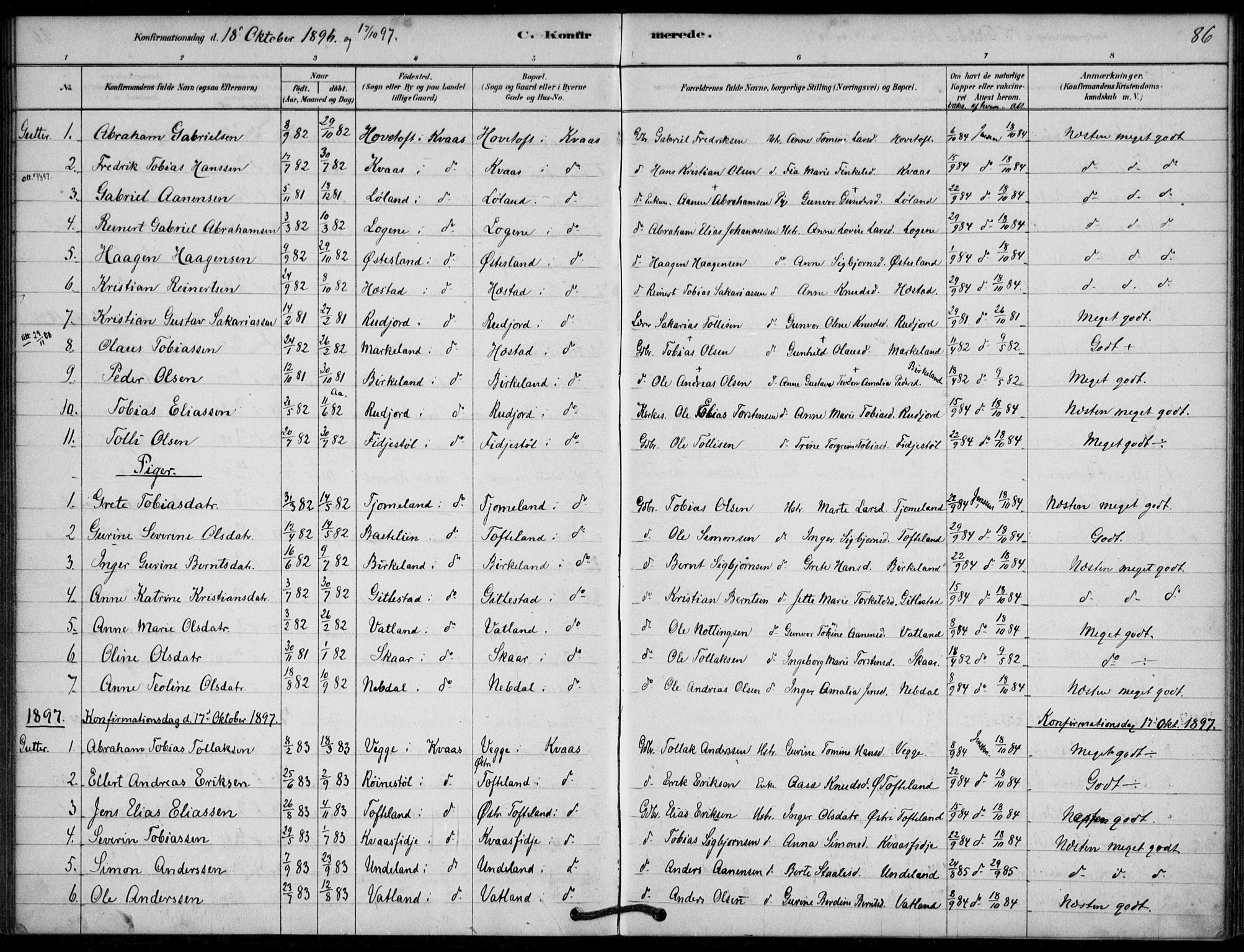 Lyngdal sokneprestkontor, SAK/1111-0029/F/Fa/Fab/L0003: Parish register (official) no. A 3, 1878-1903, p. 86