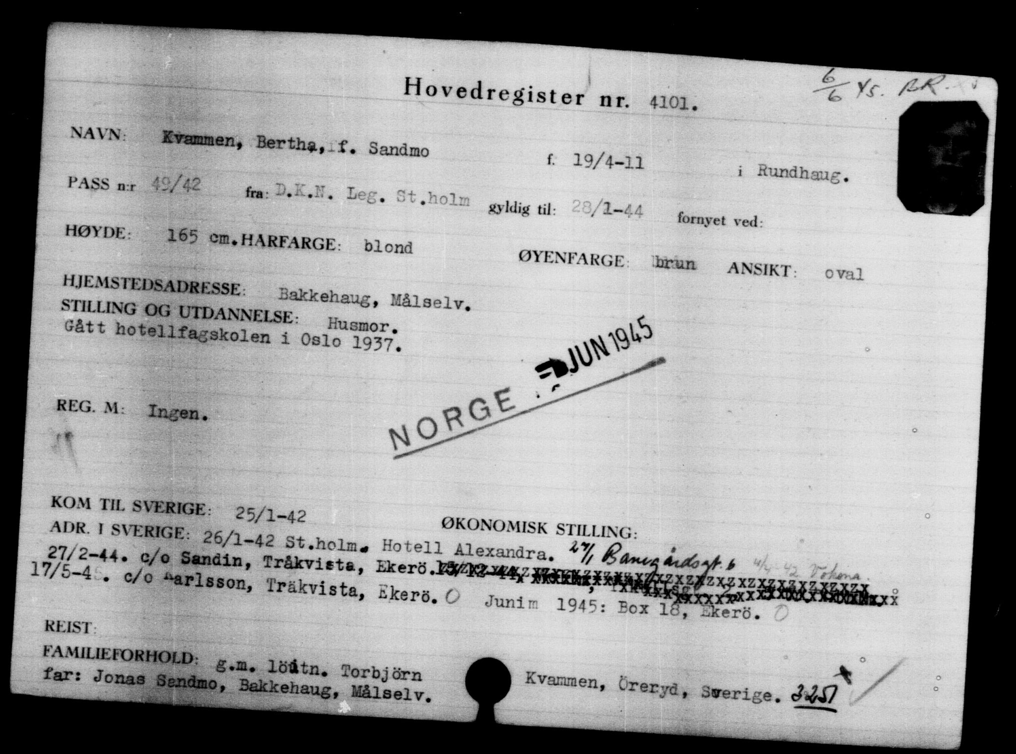 Utenriksstasjonene, Legasjonen i Stockholm, Flyktningkontoret, AV/RA-S-6753/V/Va/L0004: Kjesäterkartoteket, flyktninger med registreringsnr. 3496-6610, 1940-1945, p. 714