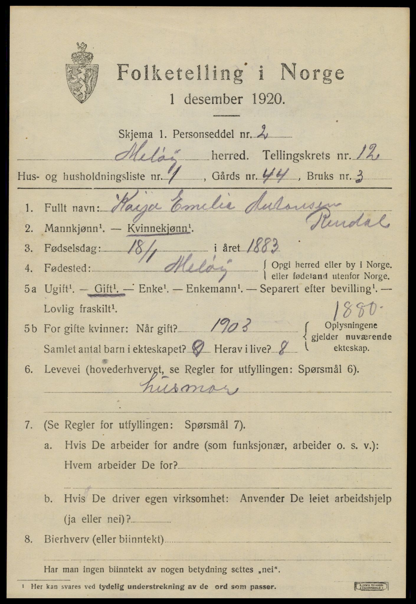 SAT, 1920 census for Meløy, 1920, p. 7603