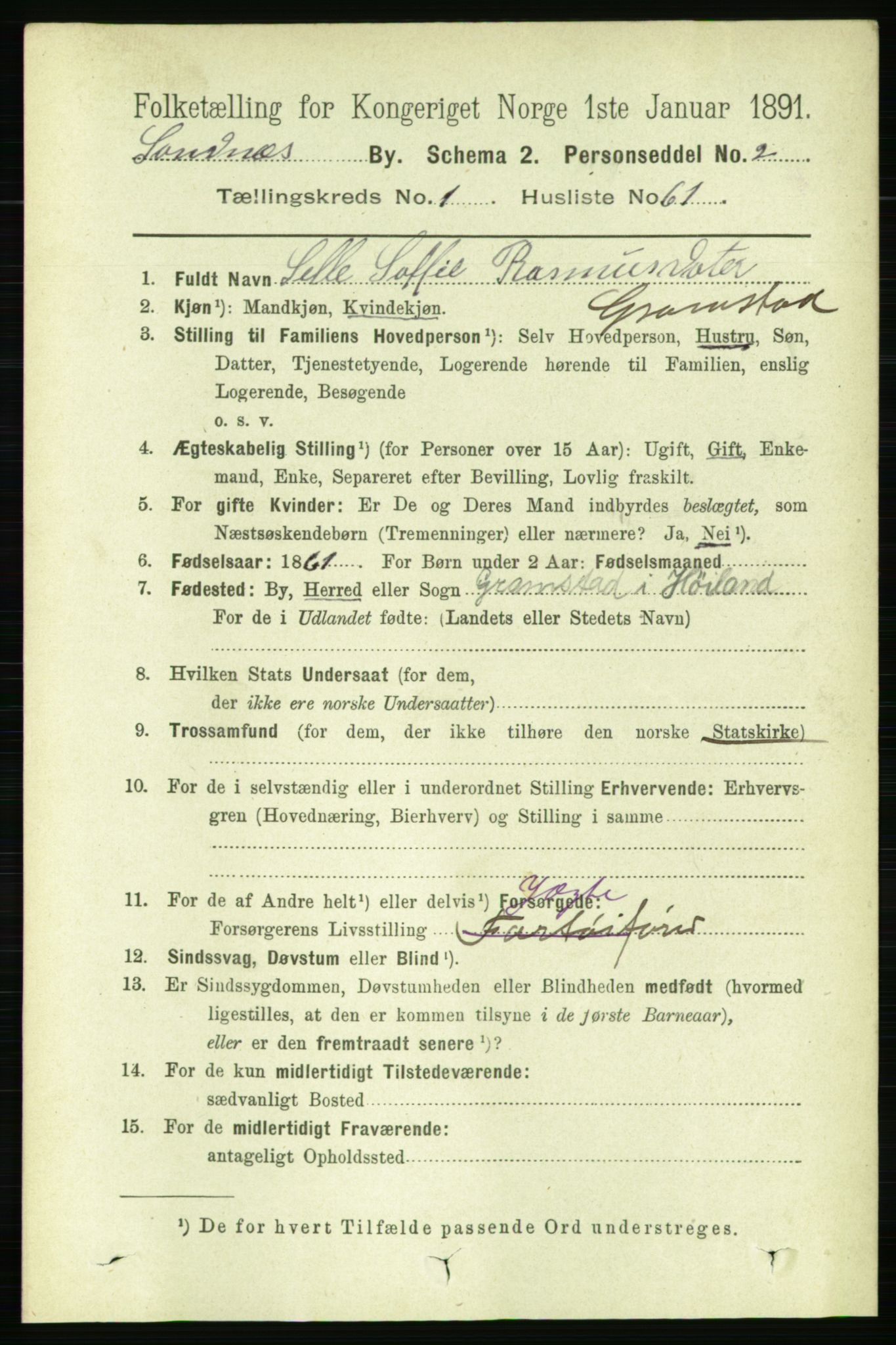 RA, 1891 census for 1102 Sandnes, 1891, p. 922