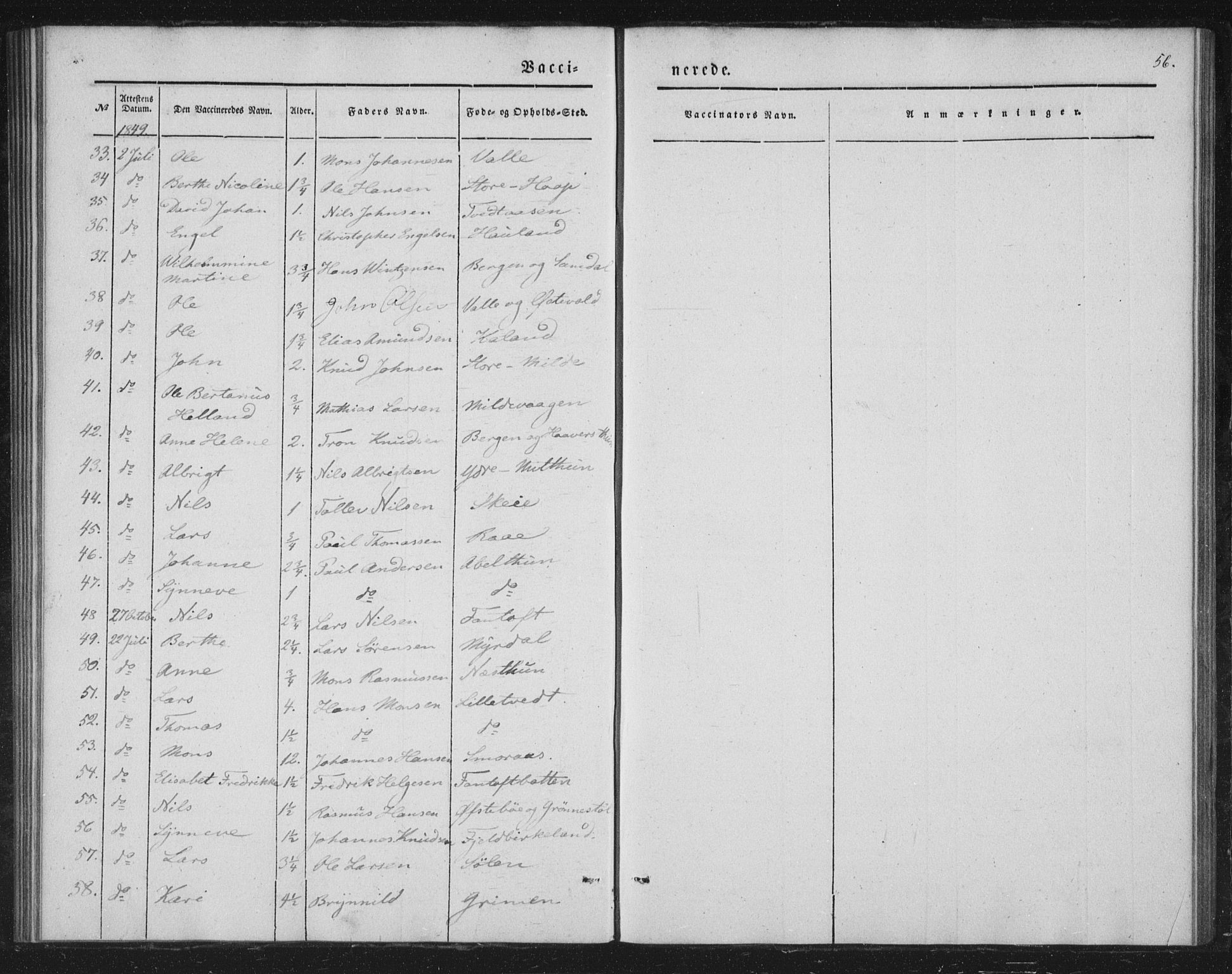 Fana Sokneprestembete, AV/SAB-A-75101/H/Haa/Haaa/L0009: Parish register (official) no. A 9, 1849-1850, p. 56