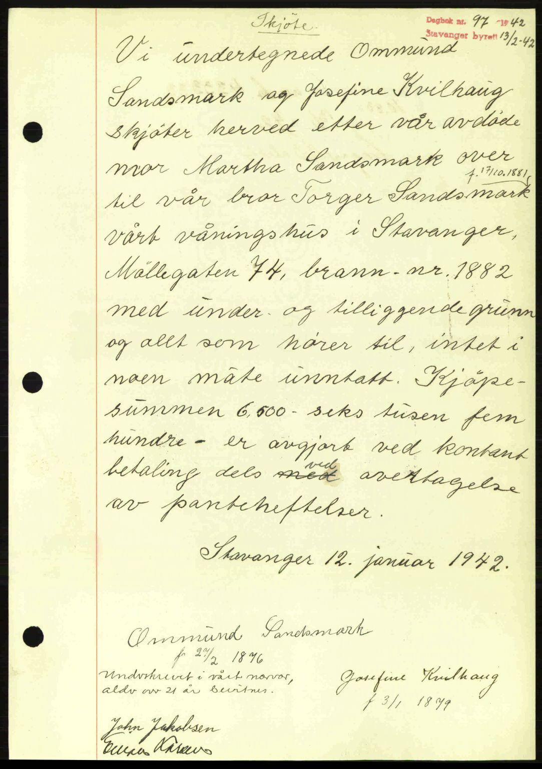 Stavanger byrett, SAST/A-100455/002/G/Gb/L0017: Mortgage book no. A7, 1941-1943, Diary no: : 97/1942