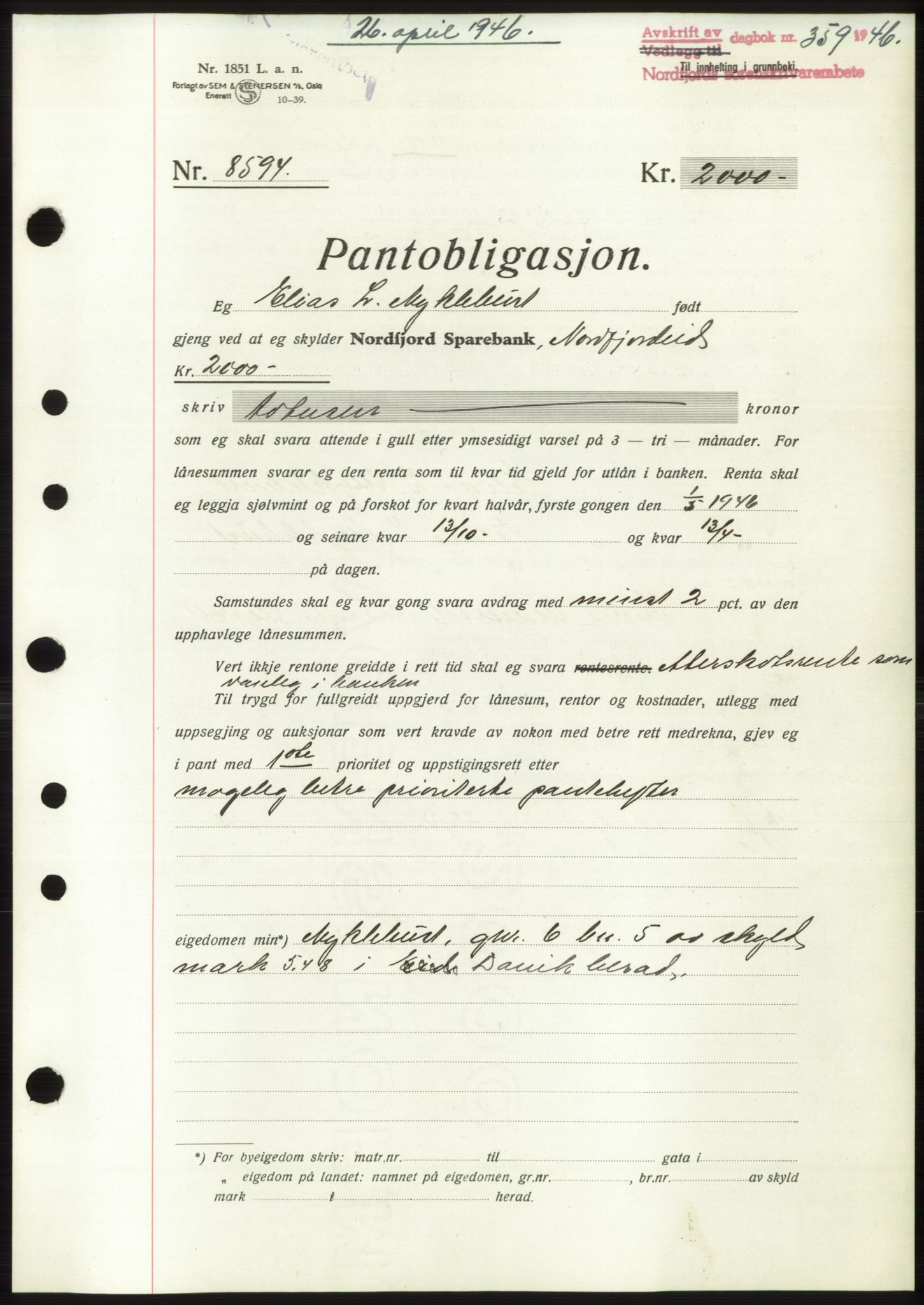 Nordfjord sorenskriveri, SAB/A-2801/02/02b/02bk/L0005: Mortgage book no. B7-8, 1946-1947, Diary no: : 359/1946