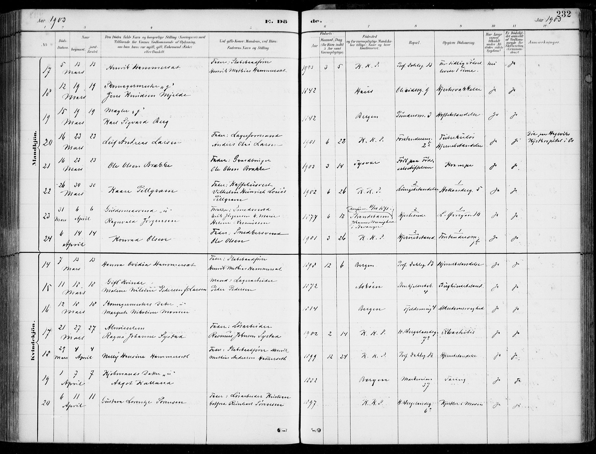 Korskirken sokneprestembete, AV/SAB-A-76101/H/Hab: Parish register (copy) no. E 4, 1884-1910, p. 232