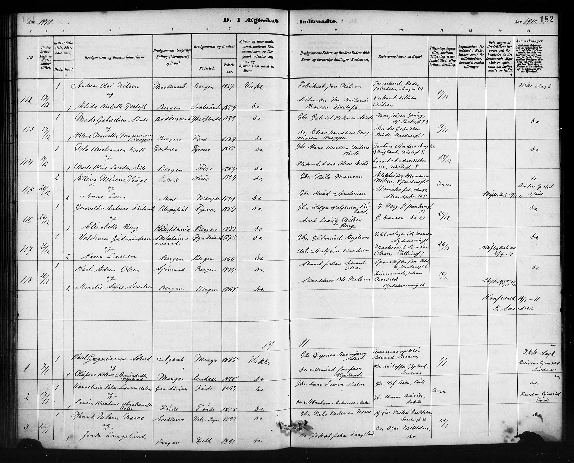 Johanneskirken sokneprestembete, SAB/A-76001/H/Hab: Parish register (copy) no. C 1, 1885-1912, p. 182