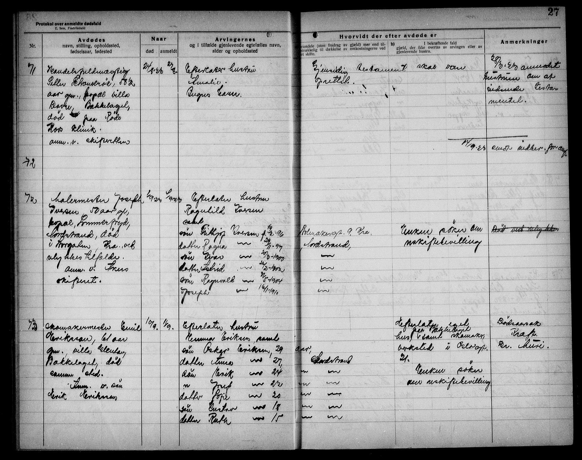 Aker kriminaldommer, skifte- og auksjonsforvalterembete, AV/SAO-A-10452/H/Hb/Hba/Hbad/L0001: Dødsfallsprotokoll for Nordstrand, 1922-1929, p. 27