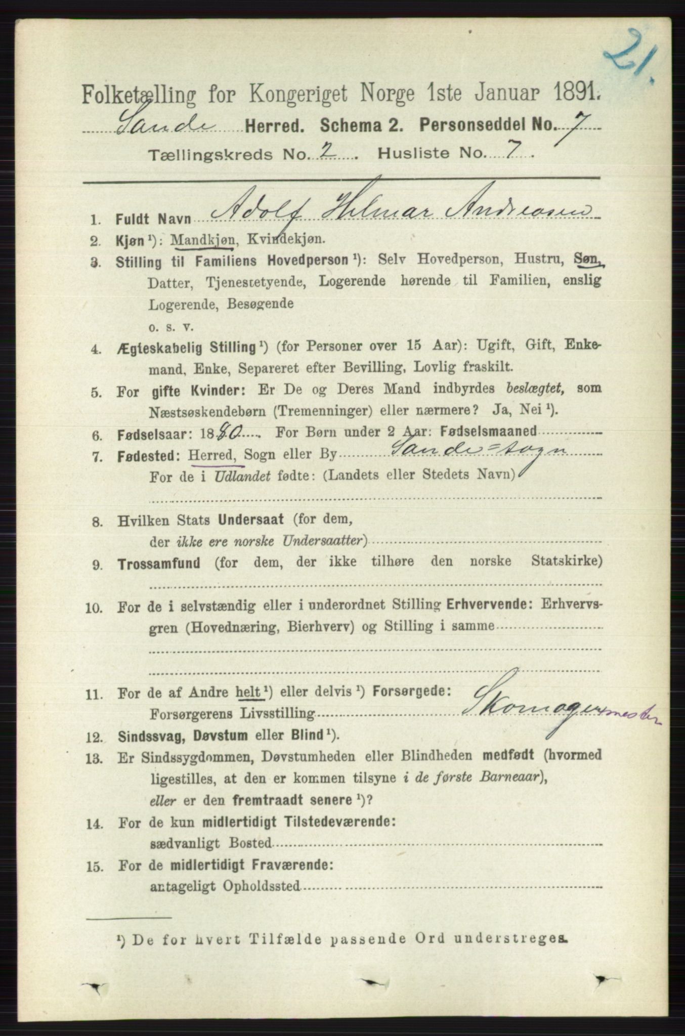 RA, 1891 census for 0713 Sande, 1891, p. 558