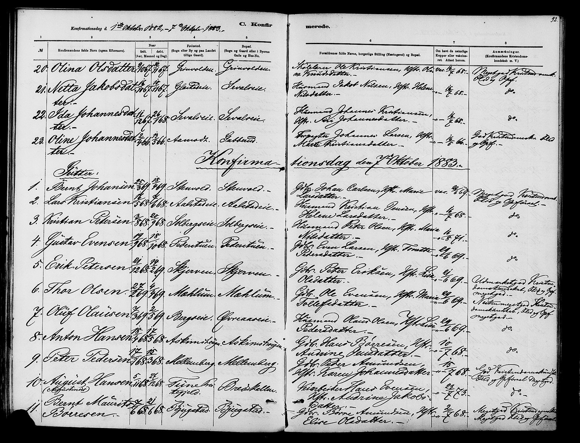 Vardal prestekontor, SAH/PREST-100/H/Ha/Haa/L0010: Parish register (official) no. 10, 1878-1893, p. 92