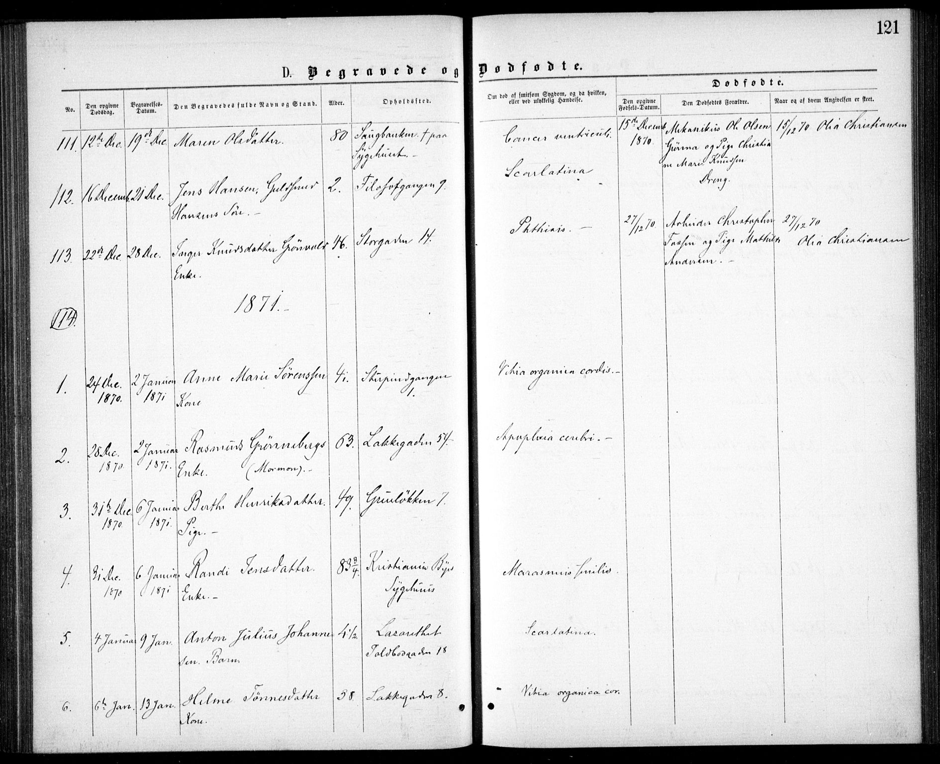 Krohgstøtten sykehusprest Kirkebøker, SAO/A-10854/F/Fa/L0001: Parish register (official) no. 1, 1865-1873, p. 121
