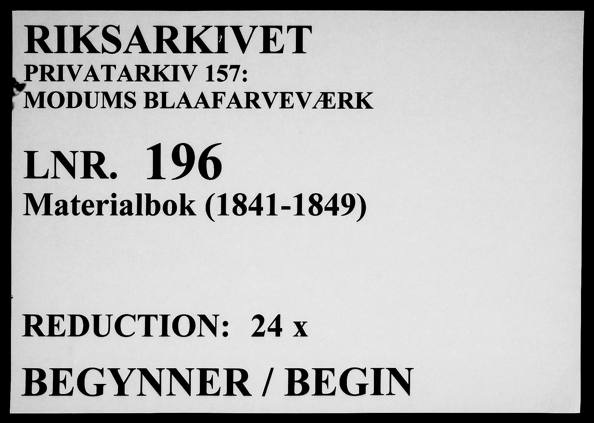Modums Blaafarveværk, RA/PA-0157/G/Gd/Gdb/L0196: Materialbok, 1841-1849, p. 1
