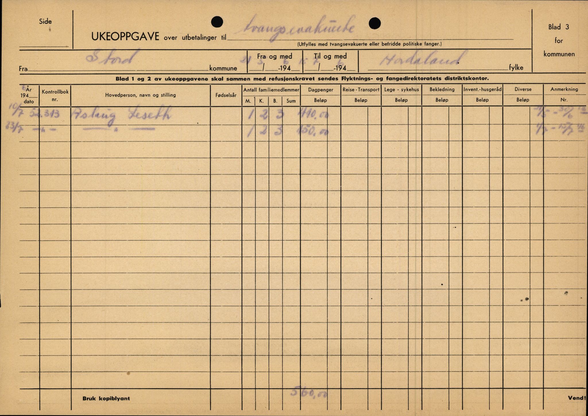 Stord kommune. Formannskapet, IKAH/1221-021/E/Ea/L0003/0007: Emneordna korrespondanse / Stønad til evakuerte , 1945-1946, p. 73