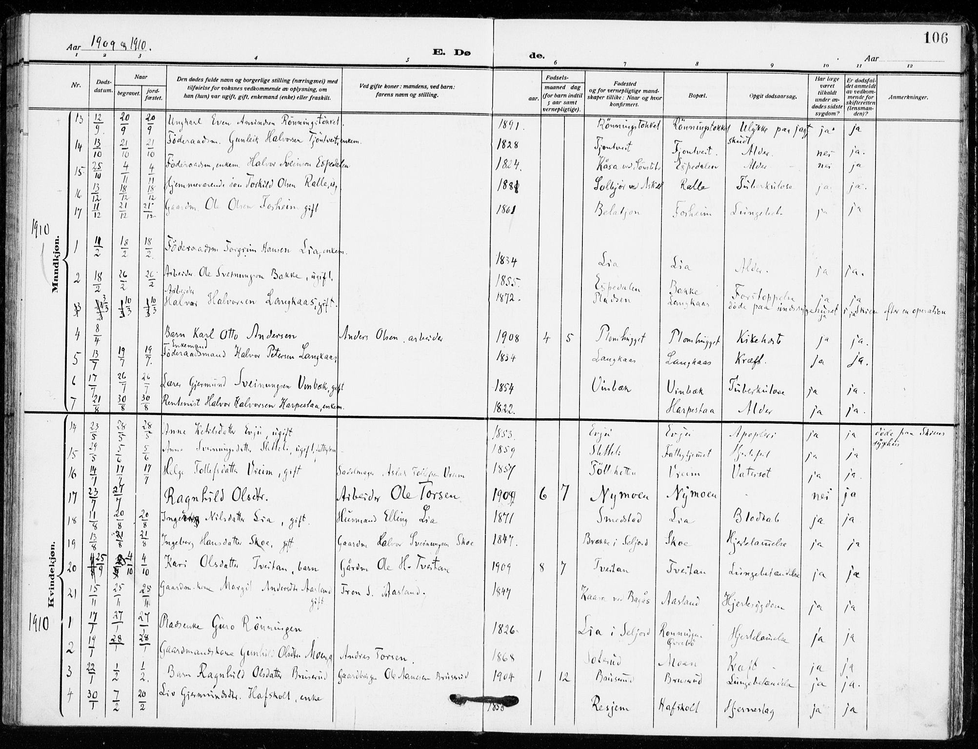 Bø kirkebøker, SAKO/A-257/F/Fa/L0013: Parish register (official) no. 13, 1909-1921, p. 106