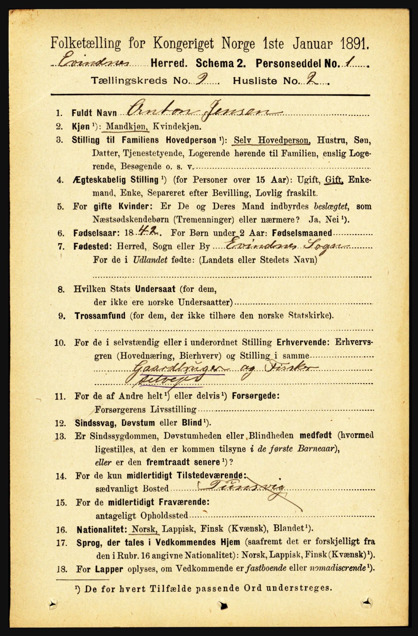 RA, 1891 census for 1853 Evenes, 1891, p. 2811