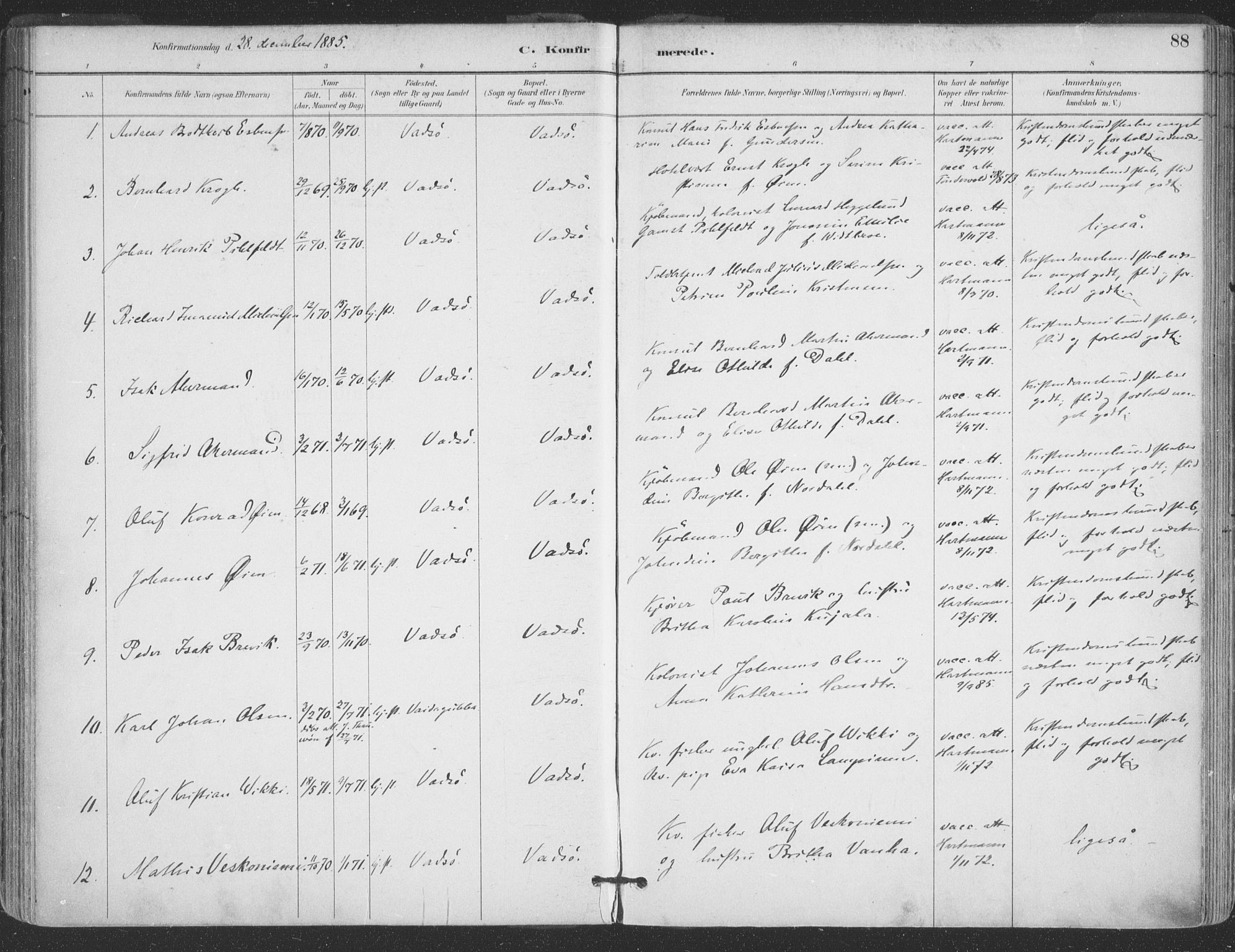 Vadsø sokneprestkontor, SATØ/S-1325/H/Ha/L0006kirke: Parish register (official) no. 6, 1885-1895, p. 88