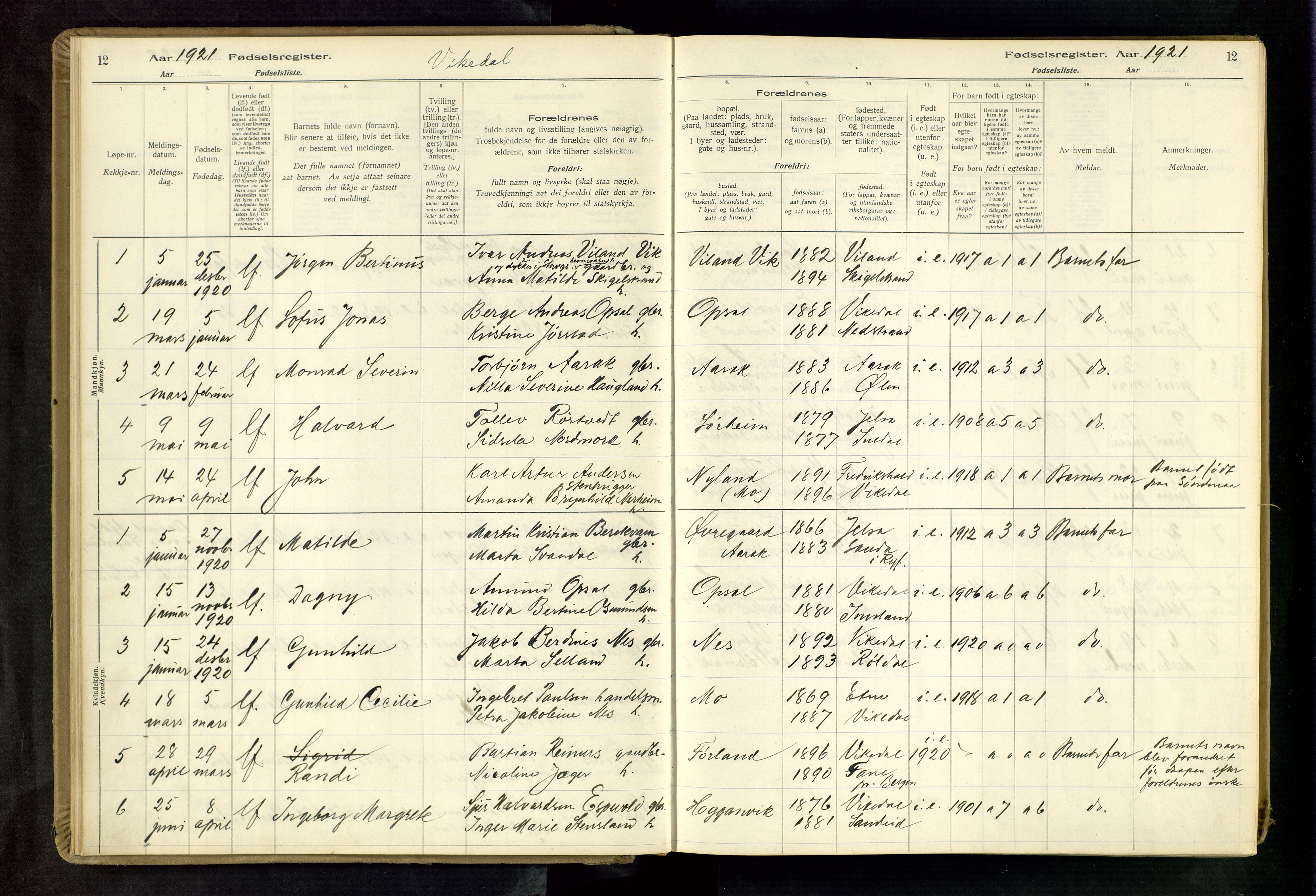 Vikedal sokneprestkontor, AV/SAST-A-101840/01/II: Birth register no. 3, 1916-1982, p. 12