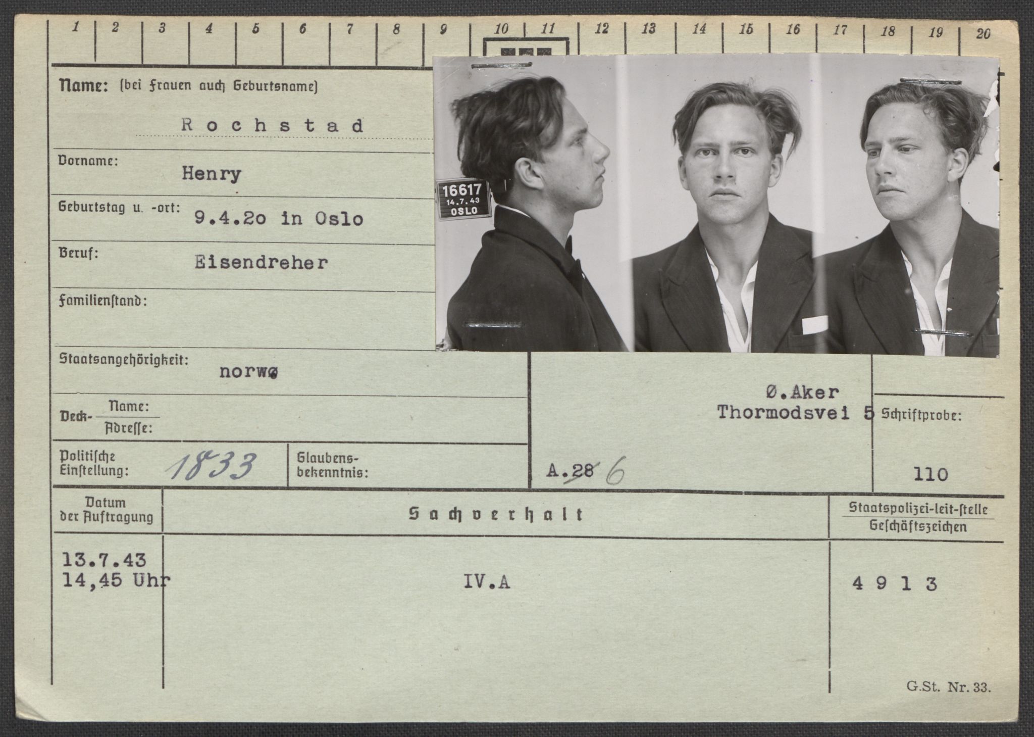 Befehlshaber der Sicherheitspolizei und des SD, RA/RAFA-5969/E/Ea/Eaa/L0008: Register over norske fanger i Møllergata 19: Oelze-Ru, 1940-1945, p. 1268