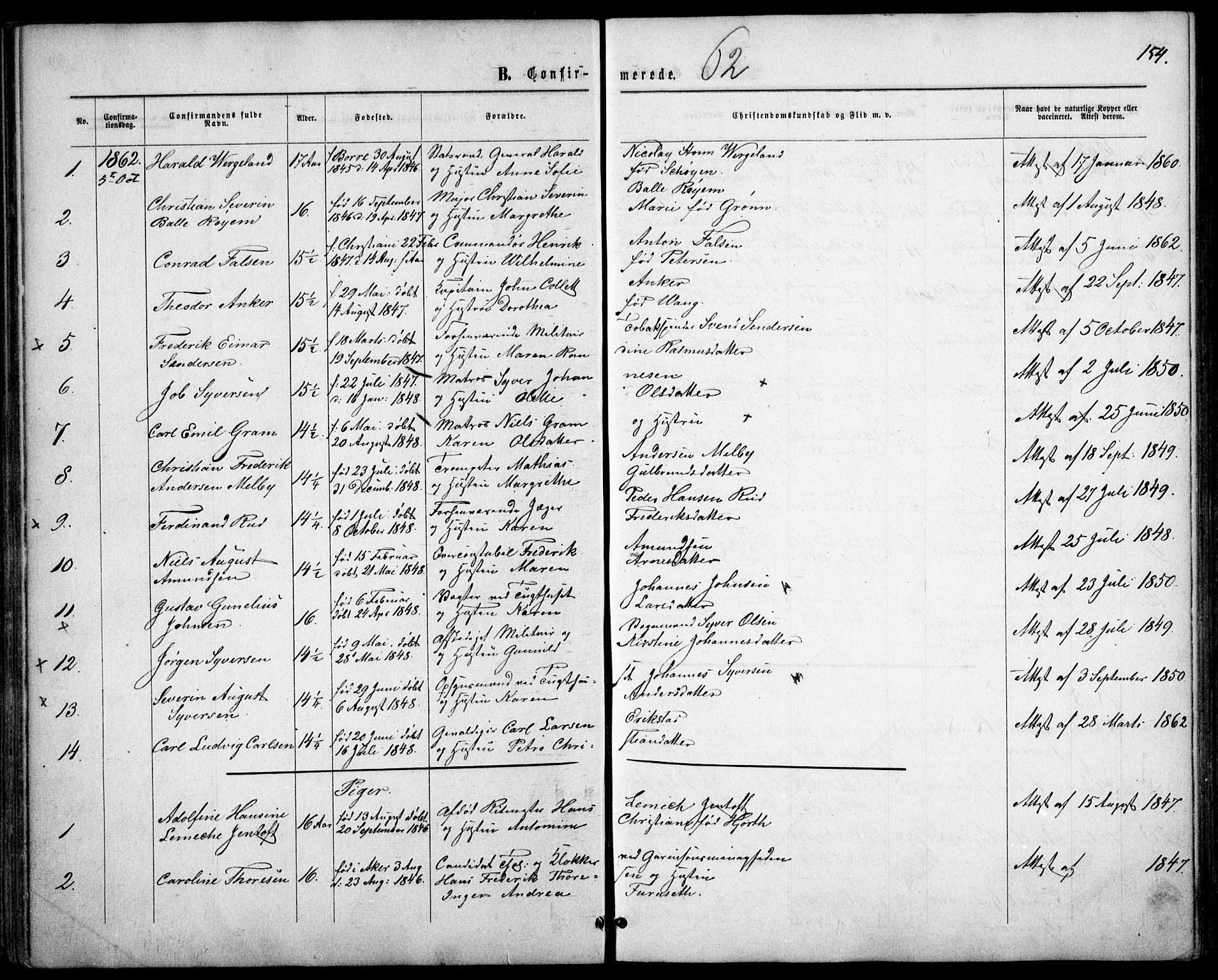 Garnisonsmenigheten Kirkebøker, AV/SAO-A-10846/F/Fa/L0010: Parish register (official) no. 10, 1859-1869, p. 154