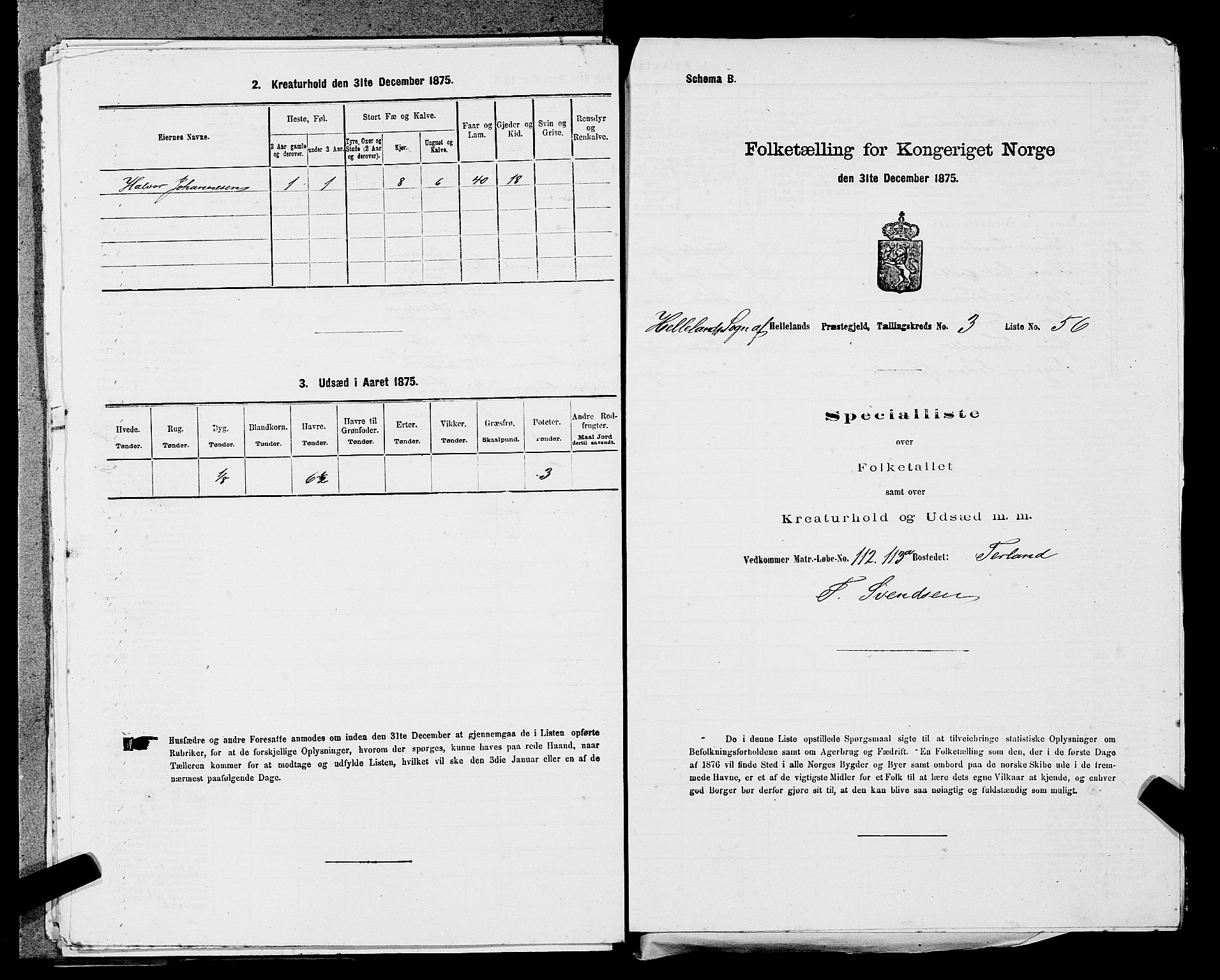 SAST, 1875 census for 1115P Helleland, 1875, p. 339