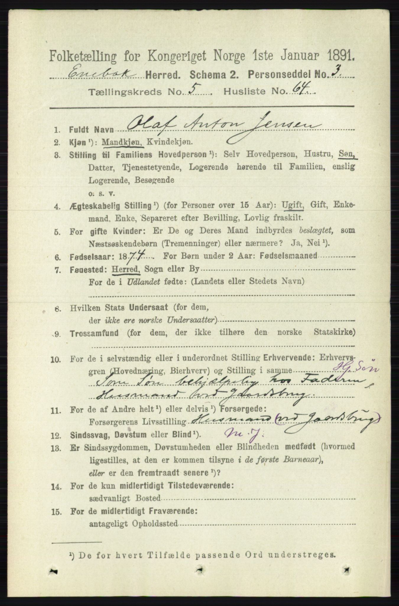 RA, 1891 census for 0229 Enebakk, 1891, p. 2380