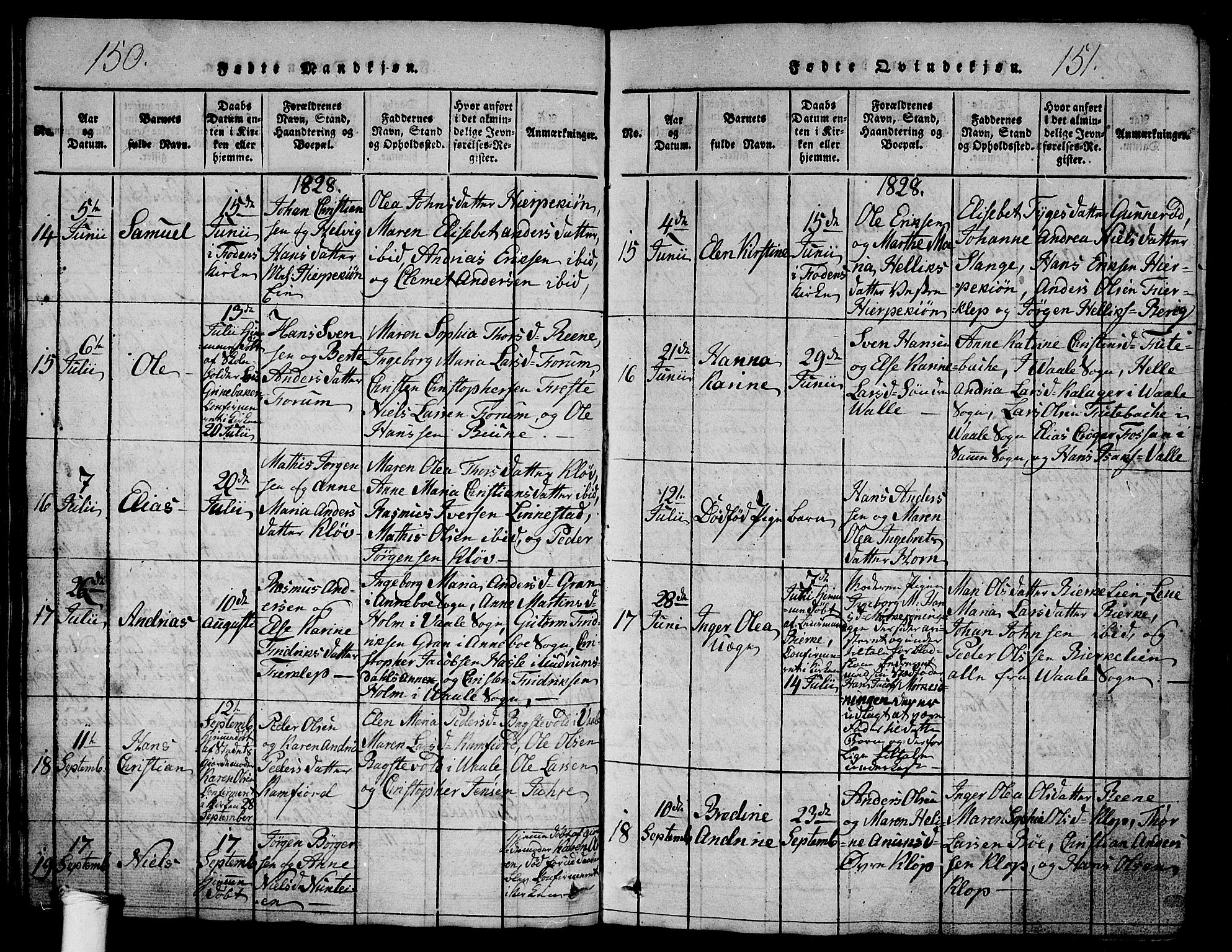 Ramnes kirkebøker, AV/SAKO-A-314/G/Ga/L0001: Parish register (copy) no. I 1, 1813-1847, p. 150-151