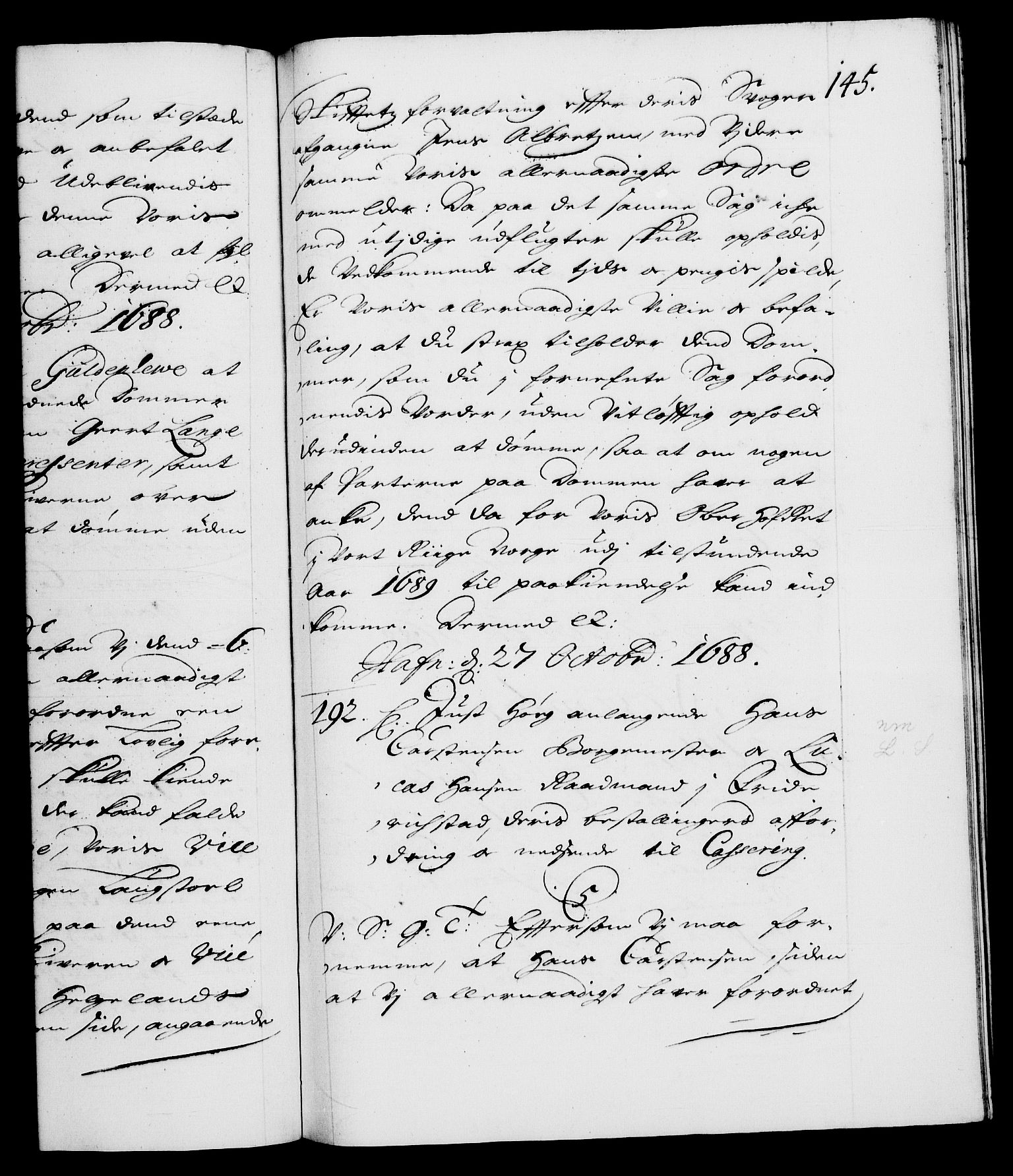 Danske Kanselli 1572-1799, AV/RA-EA-3023/F/Fc/Fca/Fcab/L0014: Norske tegnelser (mikrofilm), 1688-1691, p. 145a