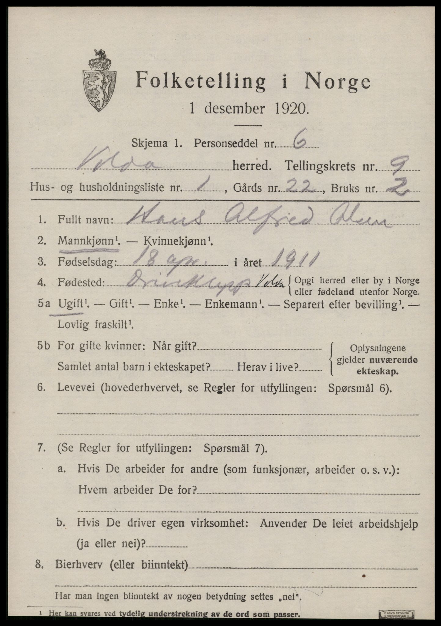 SAT, 1920 census for Volda, 1920, p. 6750