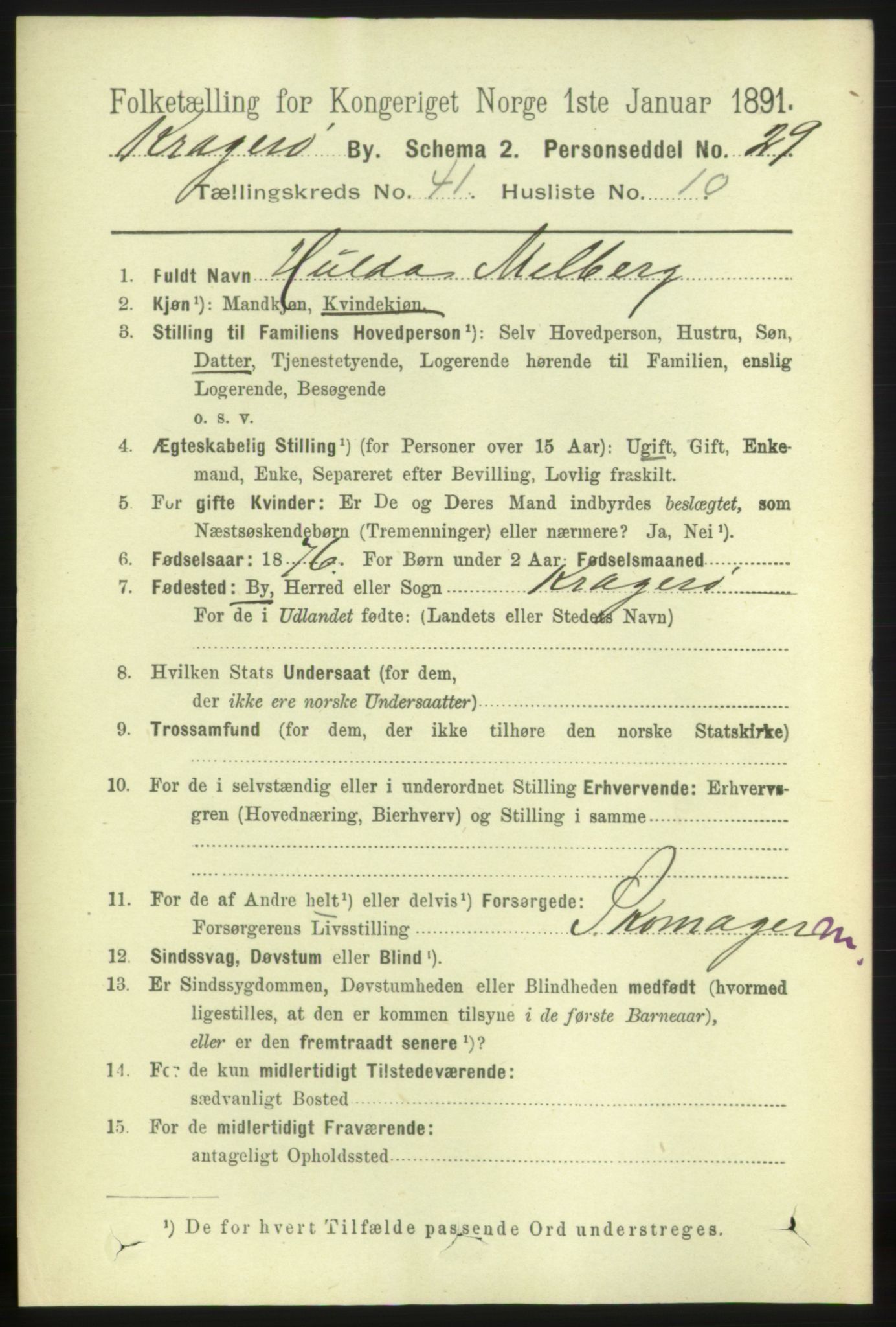 RA, 1891 census for 0801 Kragerø, 1891, p. 7632