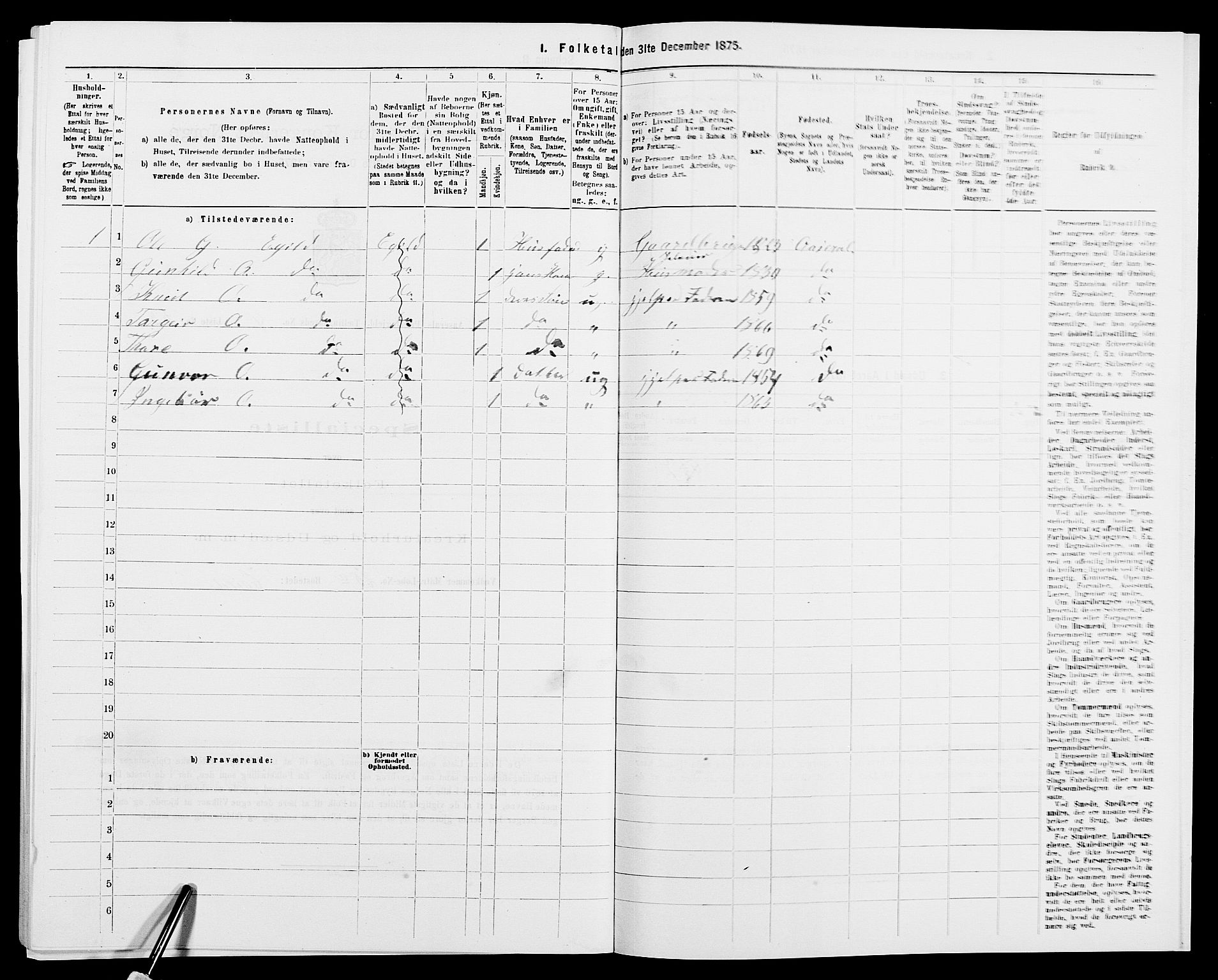 SAK, 1875 census for 0980P Åseral, 1875, p. 346