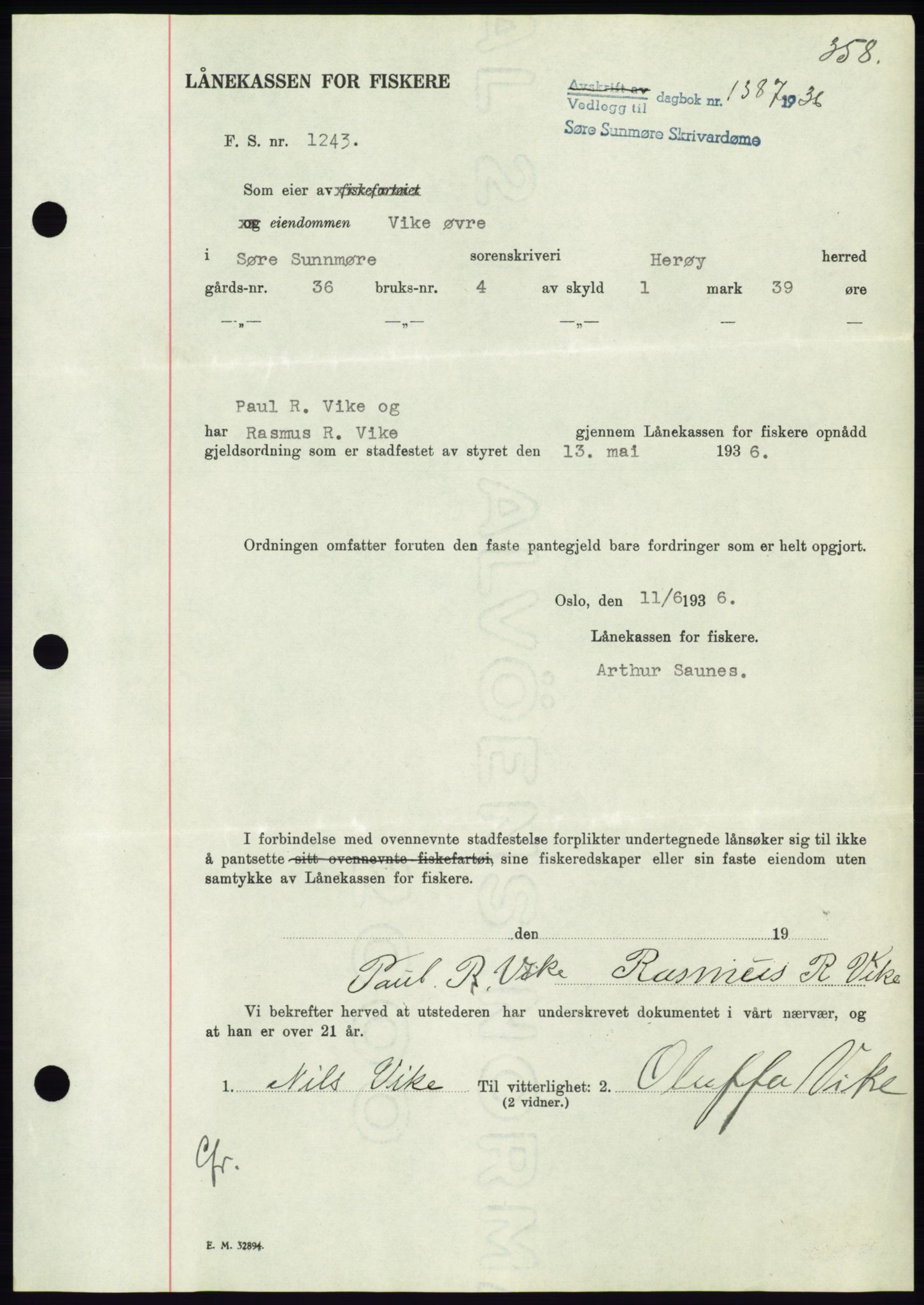 Søre Sunnmøre sorenskriveri, AV/SAT-A-4122/1/2/2C/L0061: Mortgage book no. 55, 1936-1936, Diary no: : 1387/1936